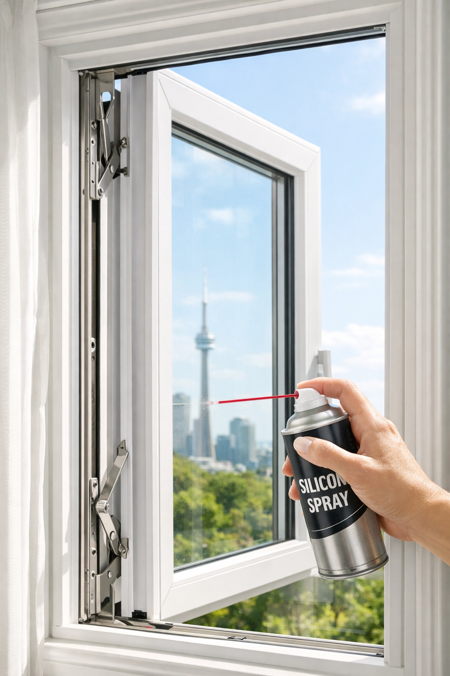 Applying lubricant to window hinges to ensure smooth operation and prevent window crank damage.