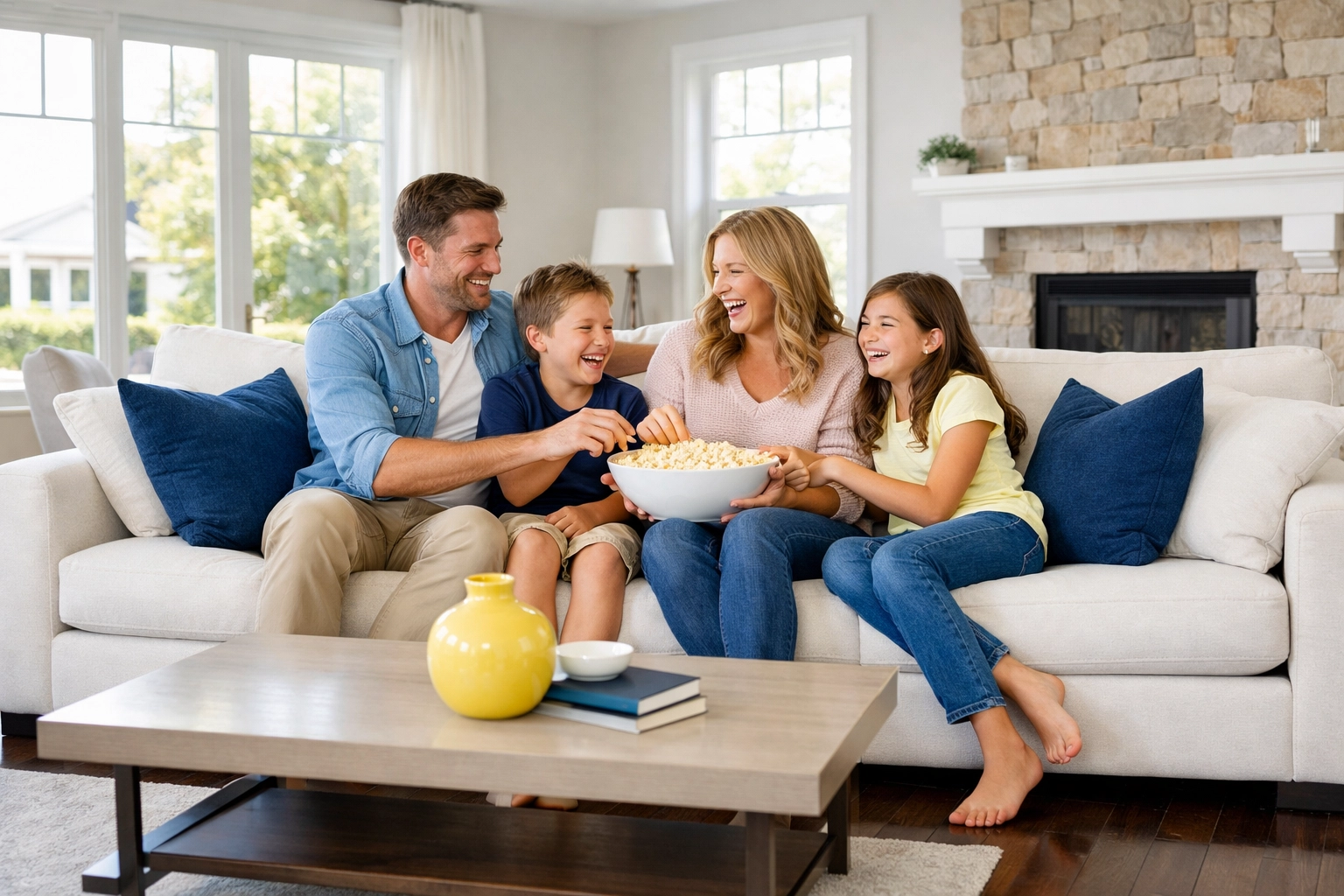 A happy family relaxes in a clean Sterling living room after Professional House Cleaning in Sterling, MA.