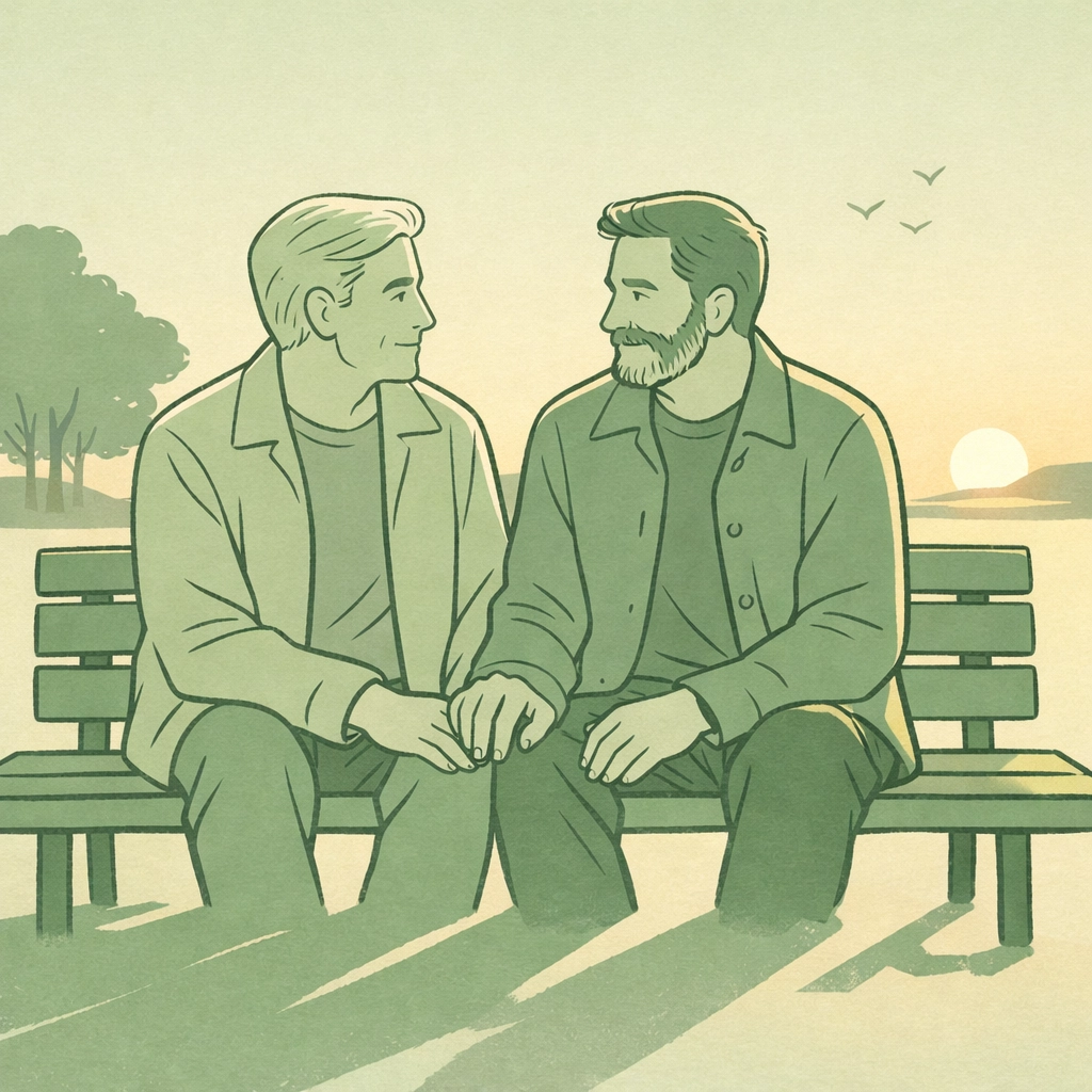 Two mature gay men holding hands on park bench representing late-life coming out and authentic LGBTQ+ connection