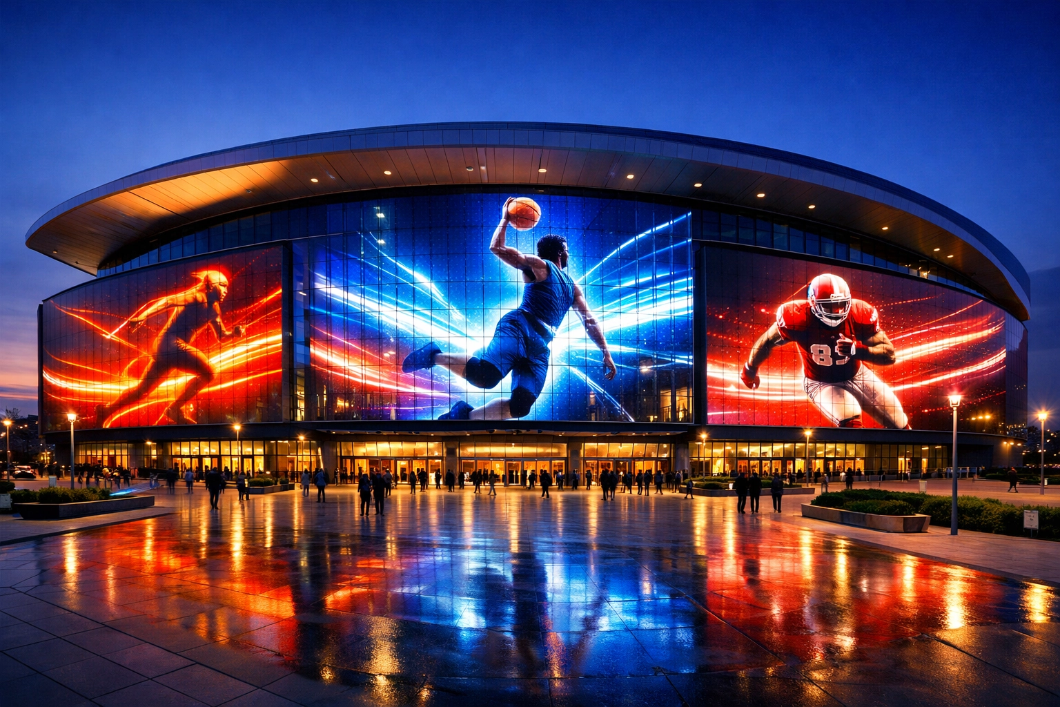 Modern sports arena exterior with large digital LED advertising displays at twilight.