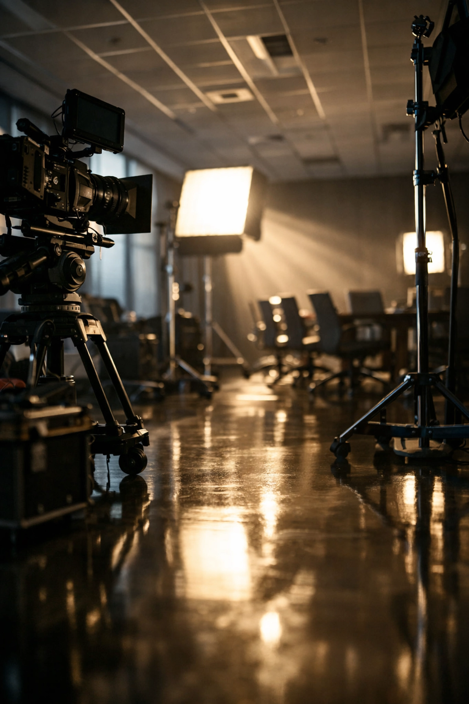 Professional video production equipment sitting unused in empty conference room