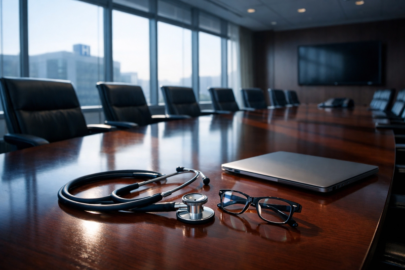 Empty hospital boardroom representing the accountability void and lack of human oversight in agentic AI deployment.