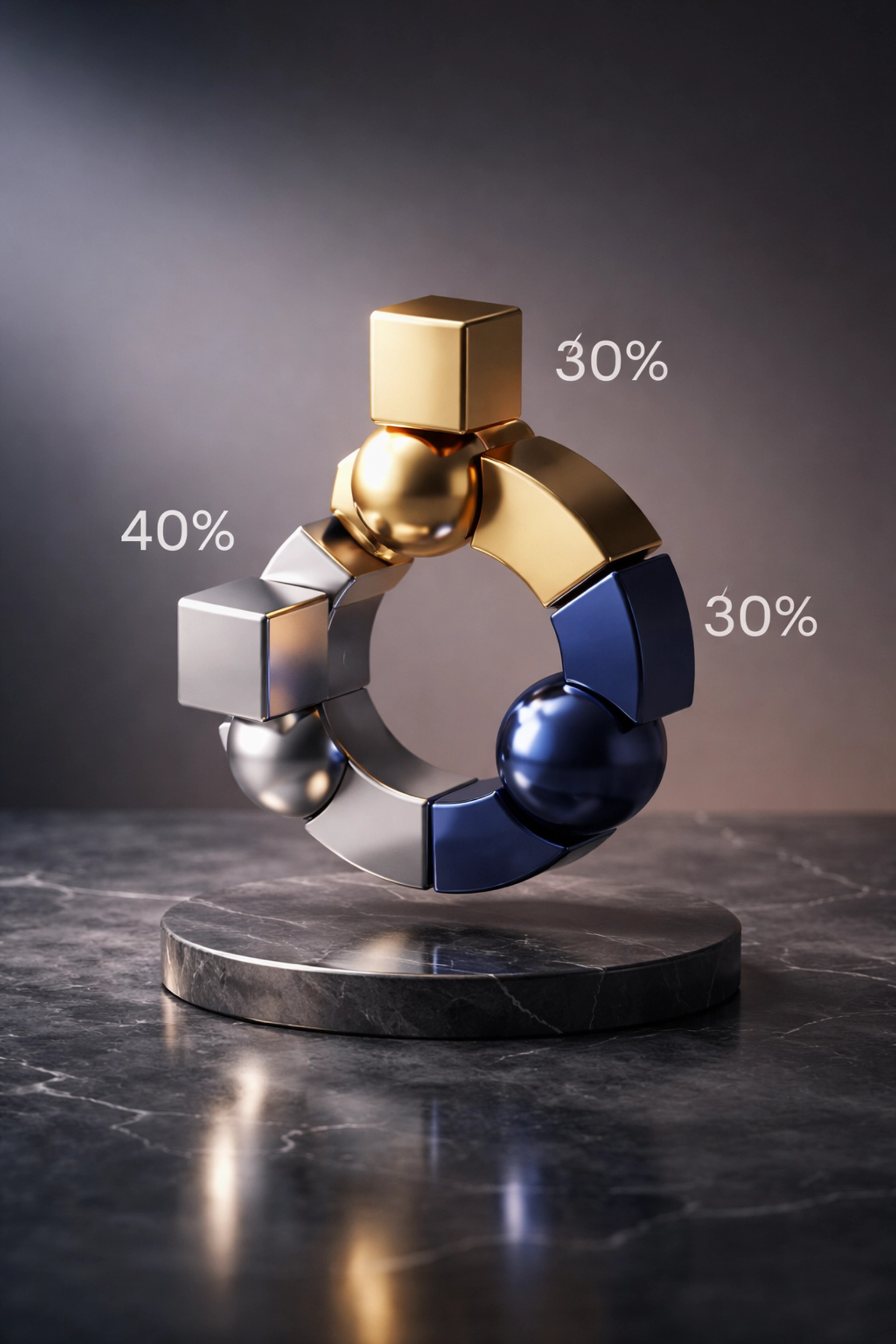 Balanced sculpture illustrating the 40/30/30 portfolio framework for accredited investor diversification