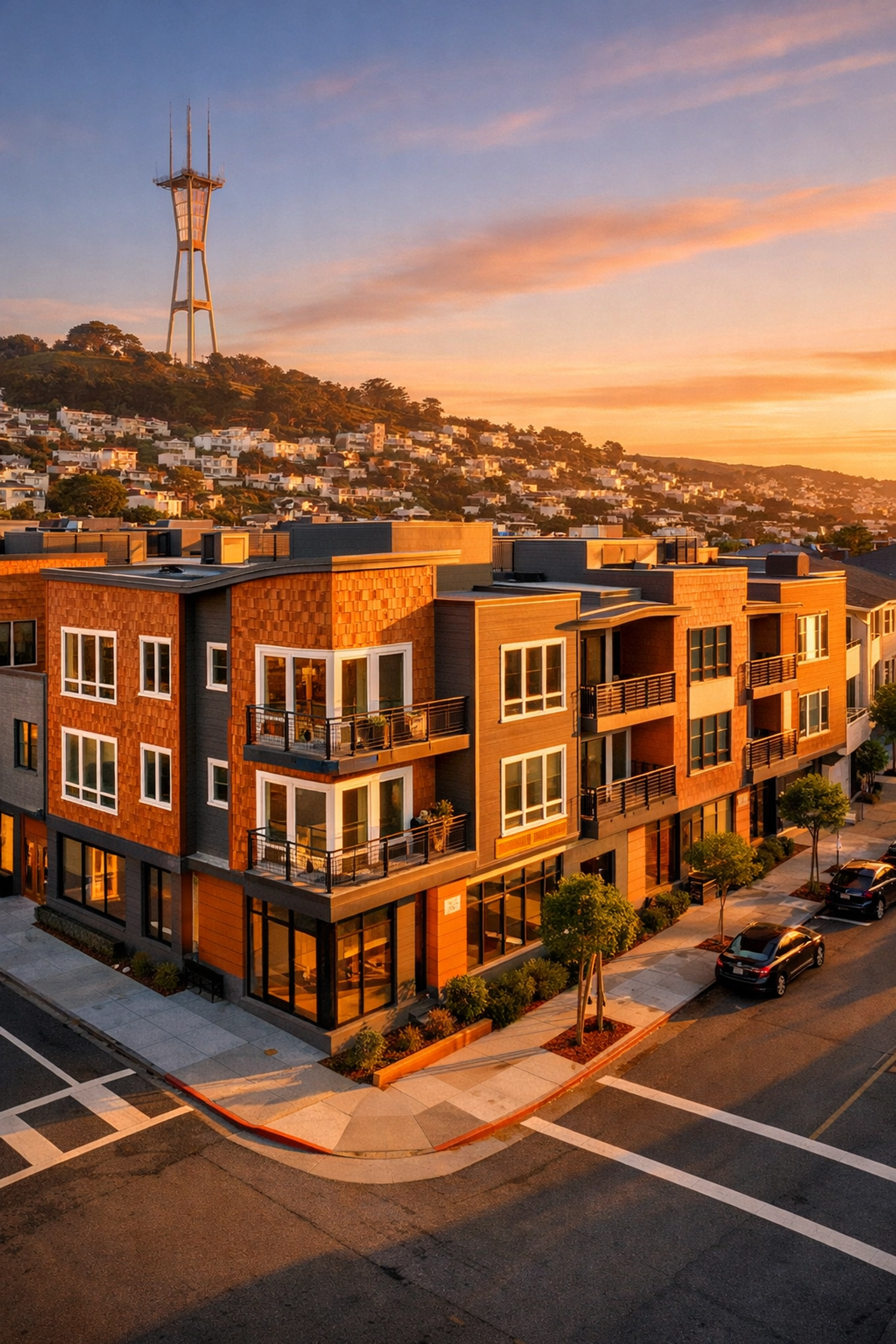 Modern mixed-use housing development in San Francisco Twin Peaks near Sutro Tower under SB 423