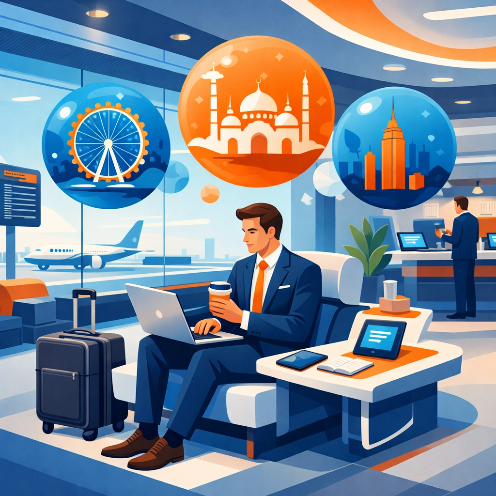 Business traveler at RDU airport lounge managing global time zones for international calls.