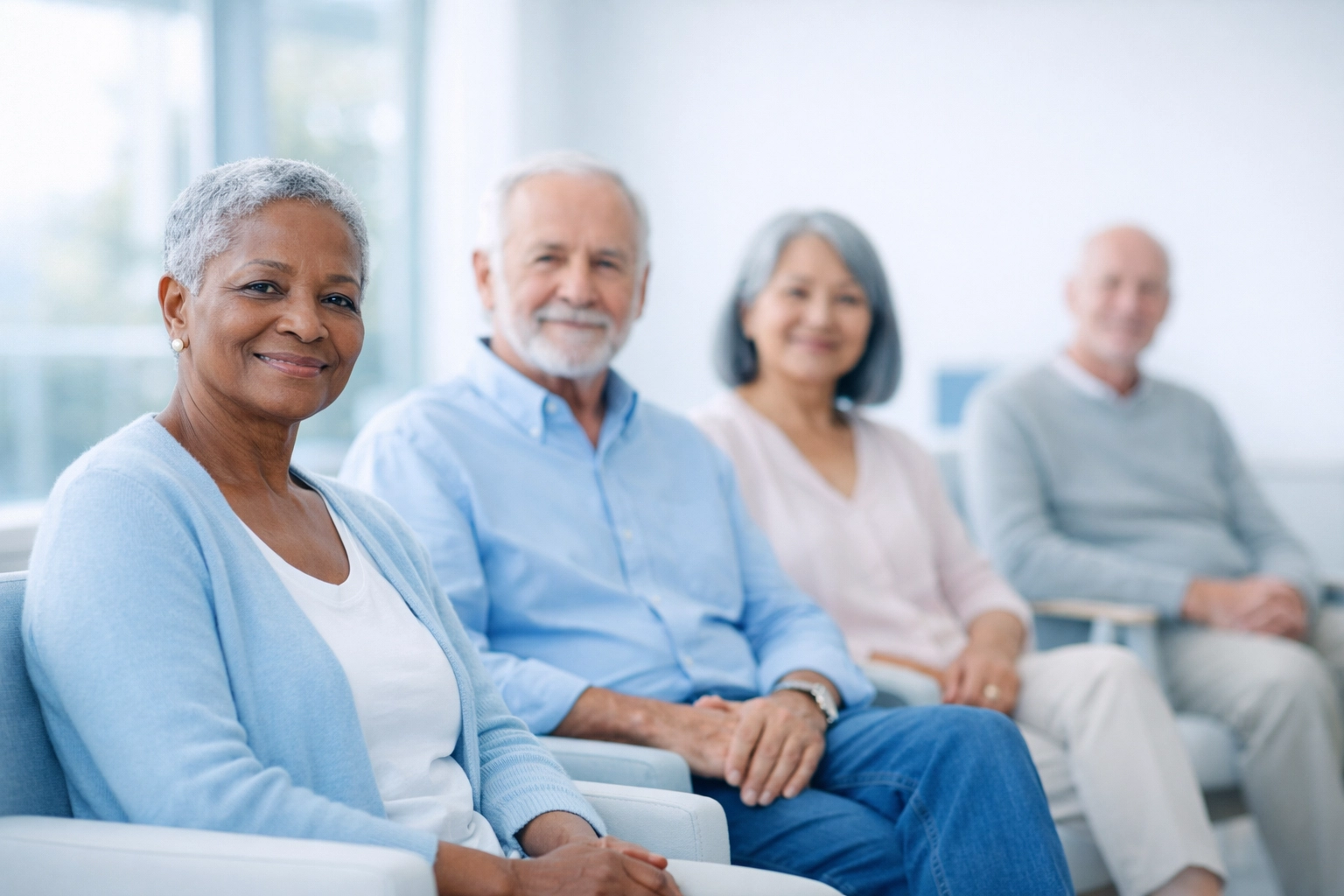 Diverse adults in medical waiting room ready for carotid artery screening appointments