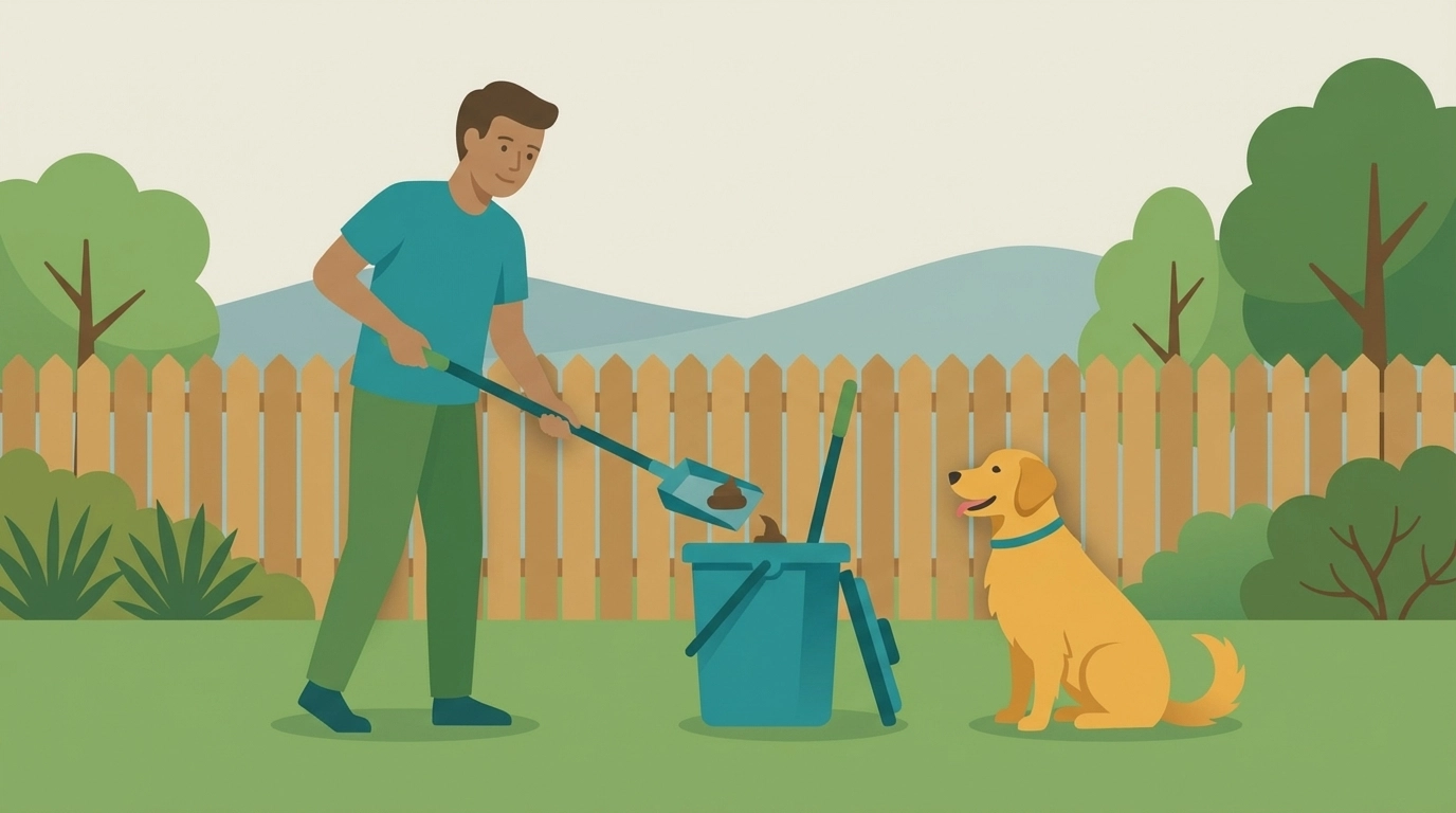 Flat, minimalist Roanoke backyard pet care illustration showing a person using a proper long-handled scooper and matching long-handled bucket, with a happy dog in a tidy fenced yard and subtle Blue Ridge hills in Star City Pet Pros teal, gold, and green palette