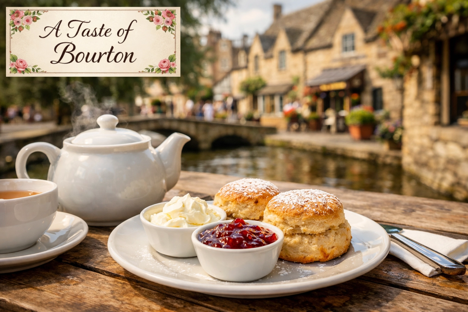 Traditional British cream tea with scones served at a charming Bourton-on-the-Water cafe.