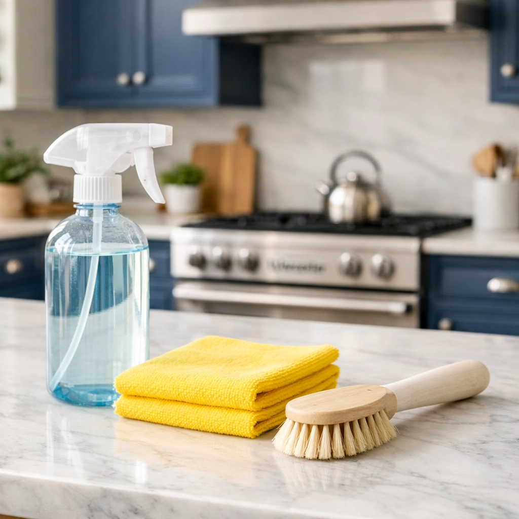 Eco-friendly cleaning supplies and microfiber cloth for hypoallergenic kitchen cleaning in Worcester.