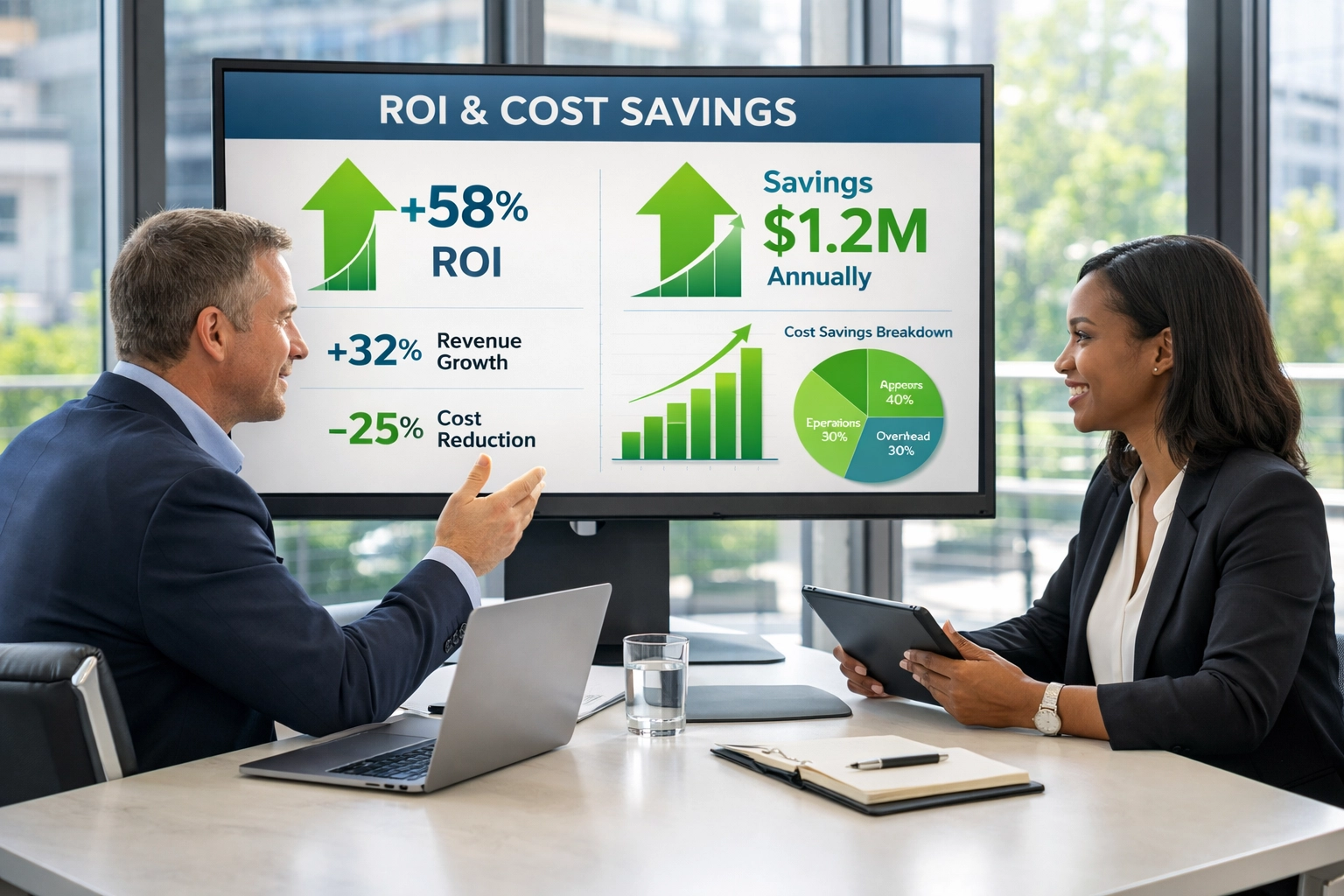 Business professionals analyzing ServiceNow consulting ROI and cost savings metrics on screen