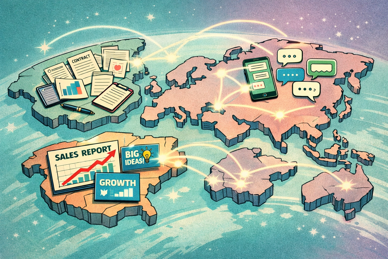 Fragmented world map showing disconnected regional GTM operations across Europe, Asia, and North America
