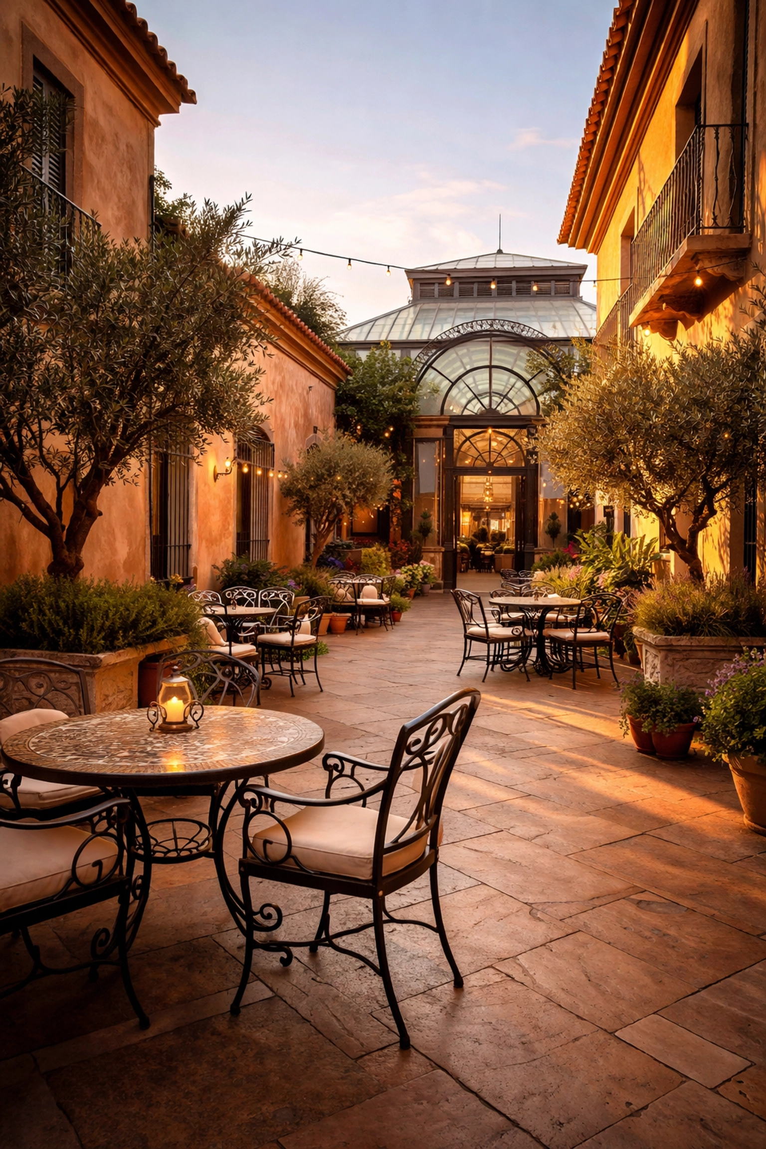 Mediterranean-style outdoor courtyard with terracotta walls and glass atrium illustrates RH Walnut Creek's integrated hospitality concept