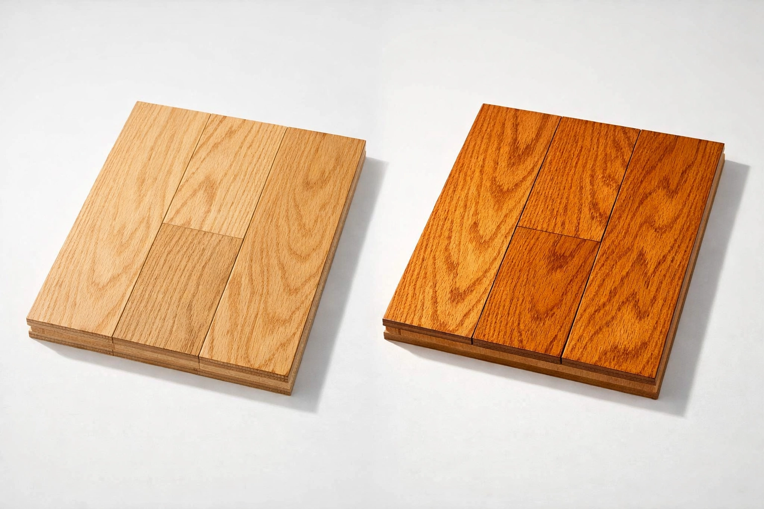 Water-based vs oil-based hardwood floor finish comparison showing clear and amber tones