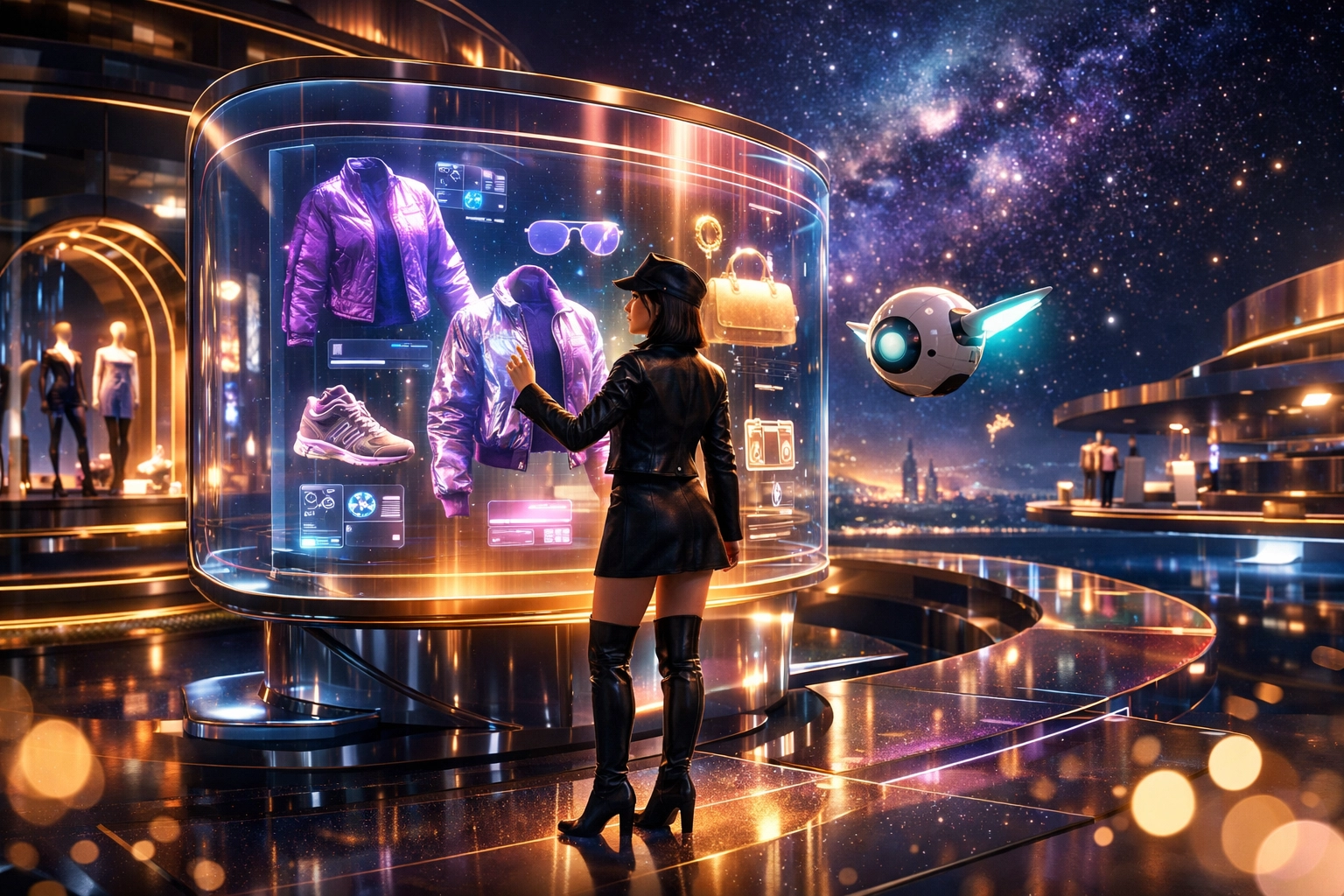 Avatar shopping in a metaverse boutique with an AI assistant using Larecoin for compliant digital payments.