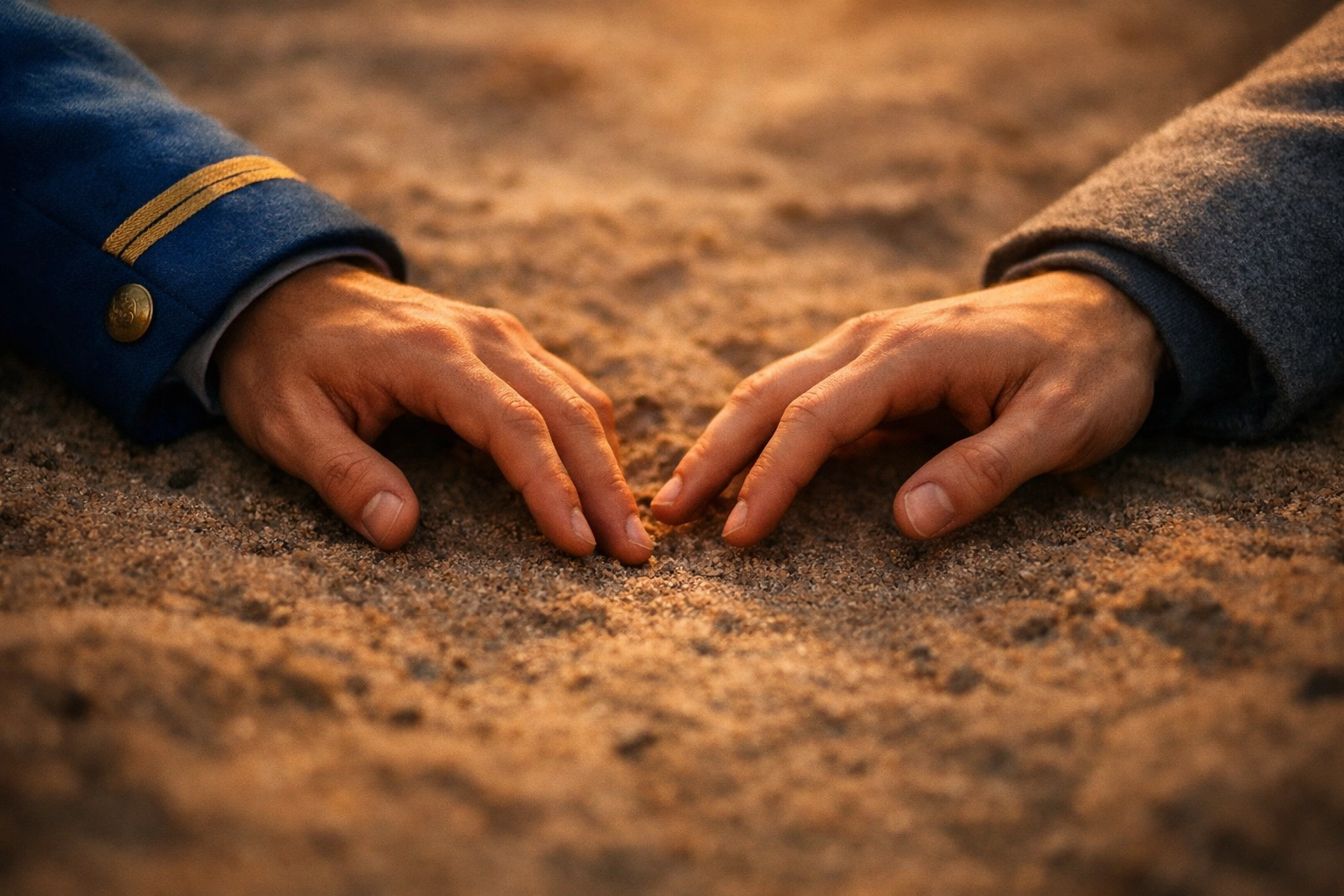Close-up of two soldiers' hands nearly touching showing forbidden gay romance between enemies