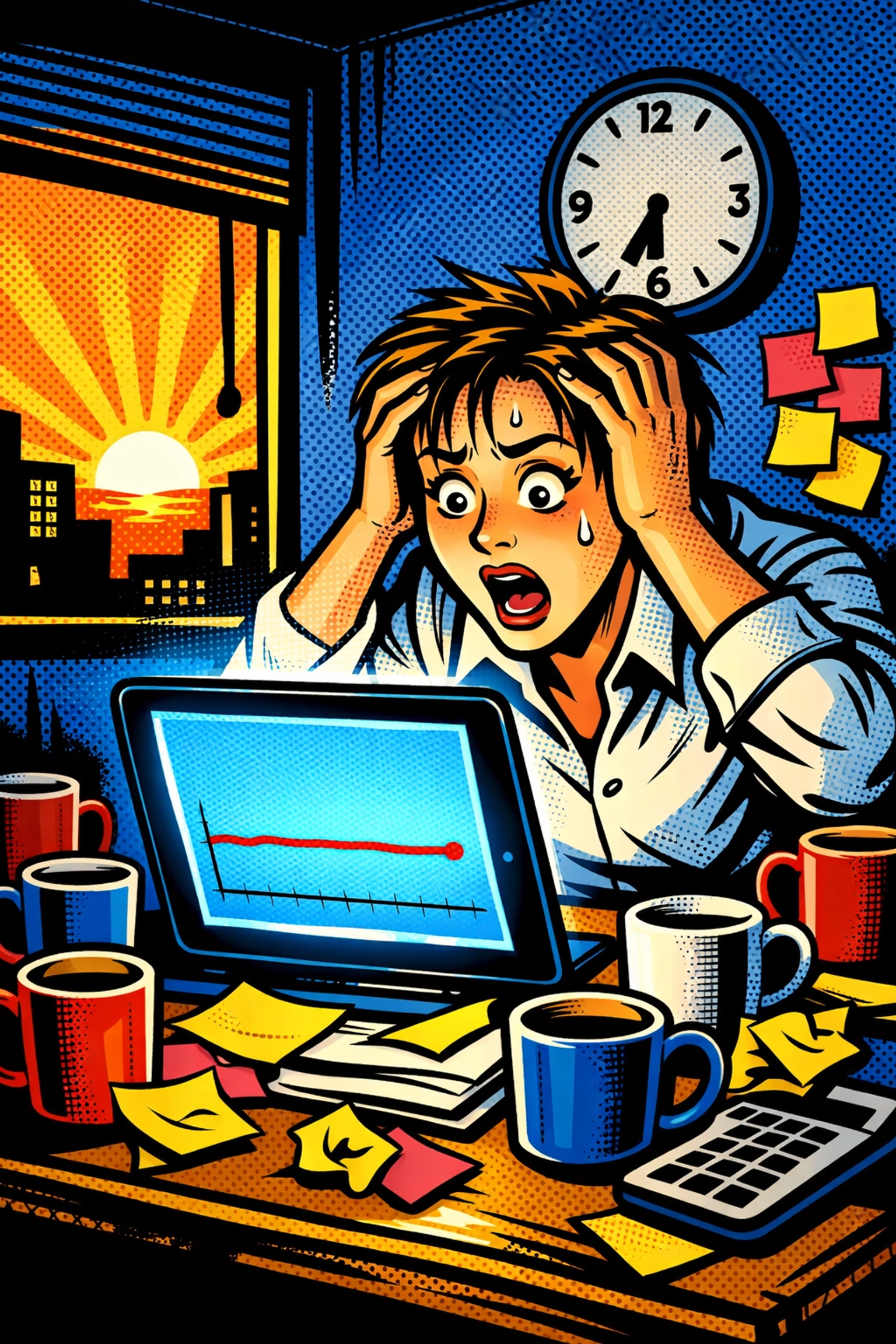 Stressed small business owner checking a tablet showing flat search engine ranking graphs.