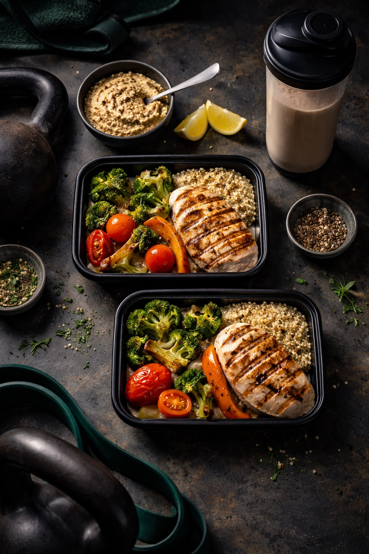 Healthy meal prep with protein-rich foods and gym gear, illustrating the importance of nutrition for muscle recovery