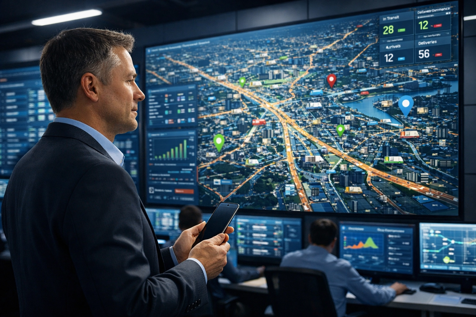 High-tech operations center monitoring real-time logistics for VIP corporate travel.