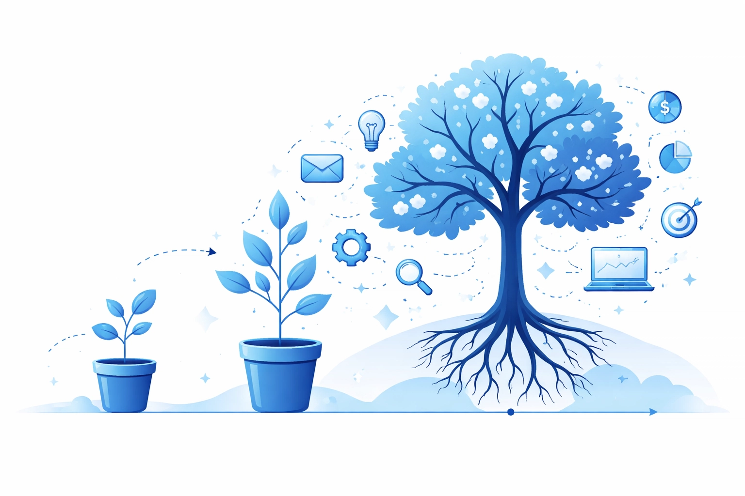 Business growth timeline with a seedling transforming into a tree branching into charts and user icons