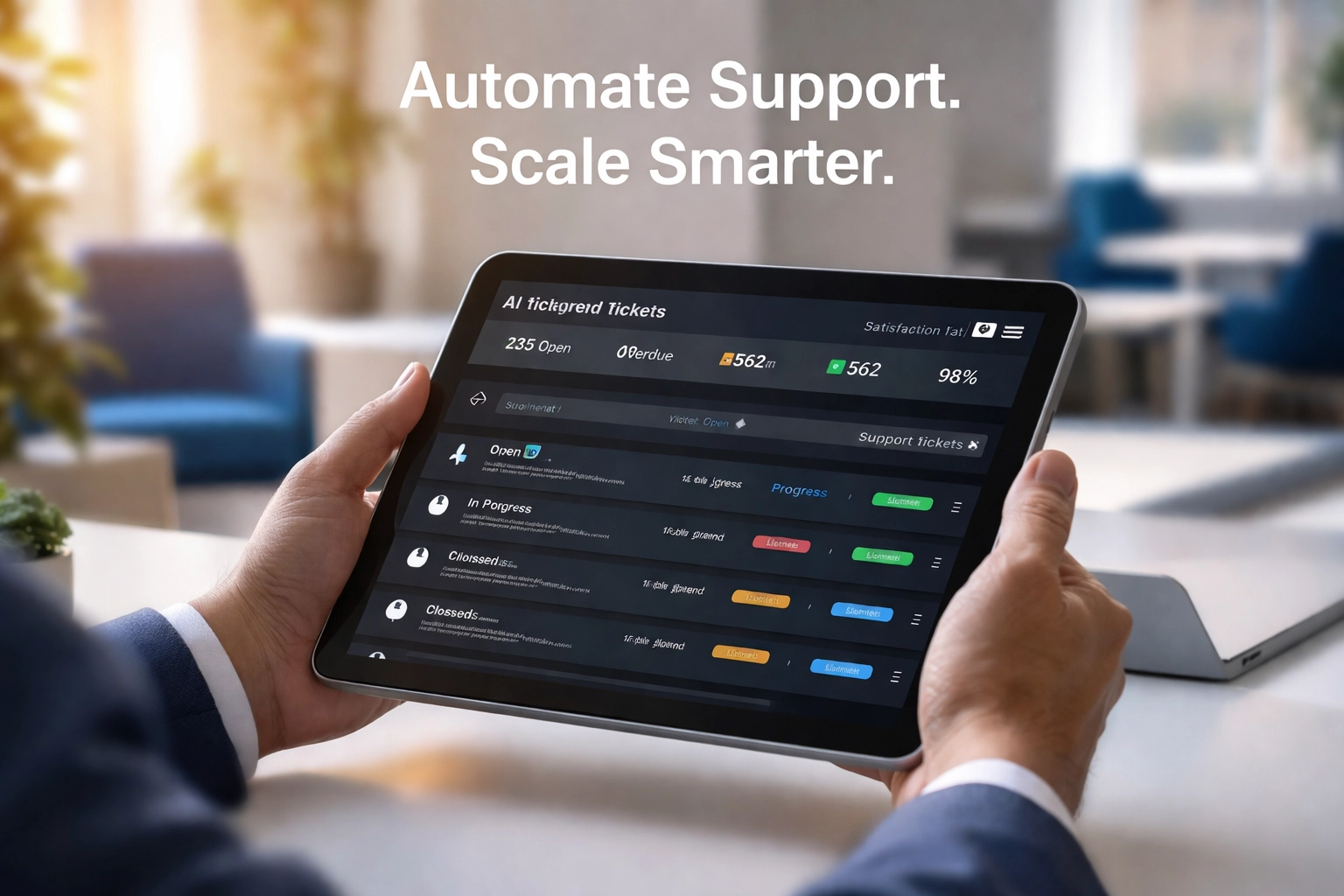 Professional using tablet to manage AI ticketing system for small business customer support Professional using tablet to manage AI ticketing system for small business customer support