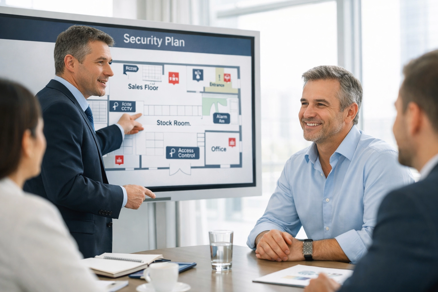 Retail business owner and security consultant discussing a loss prevention strategy.