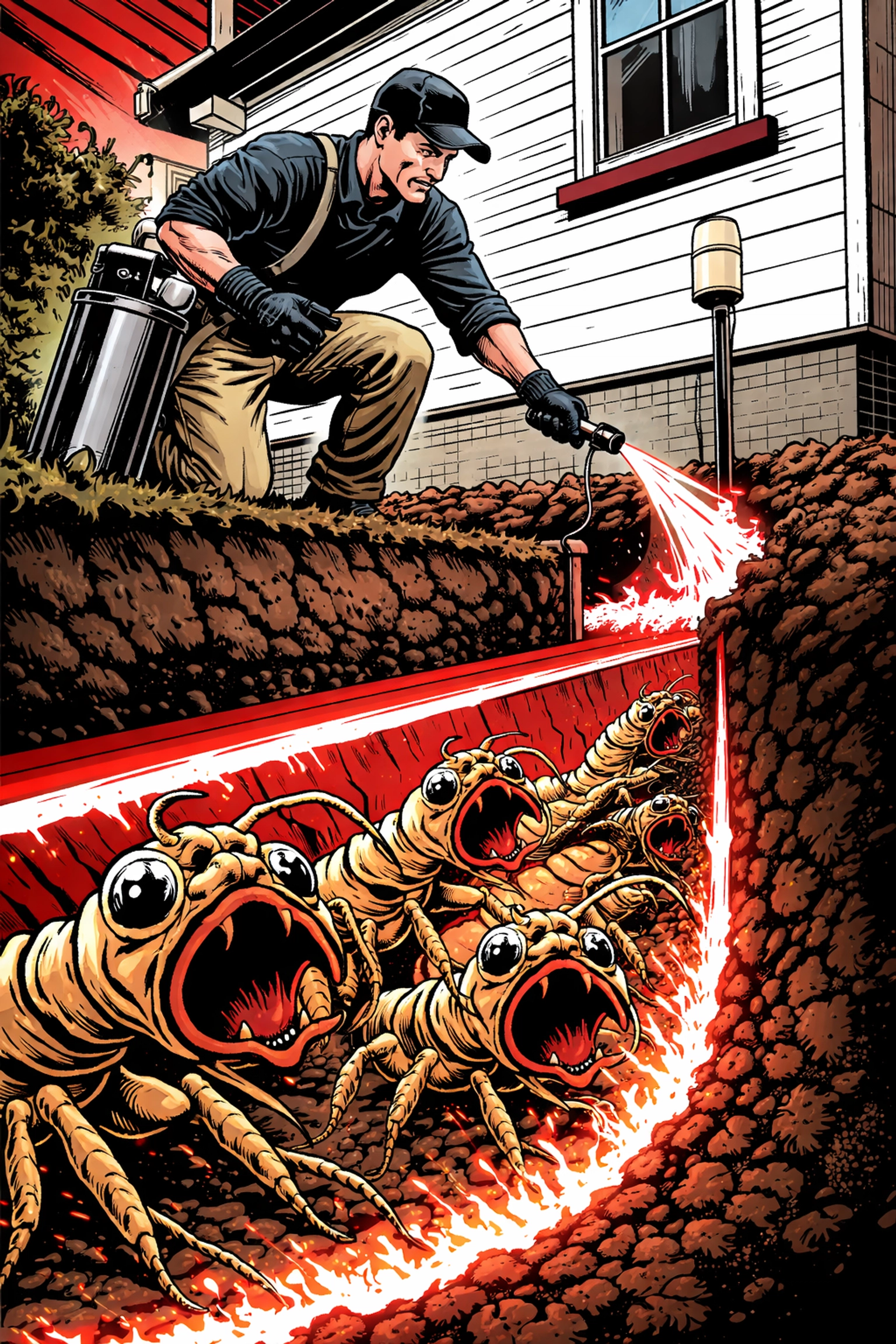 Technician treats home foundation with liquid barrier; cartoon termites are stopped by superior termite control.