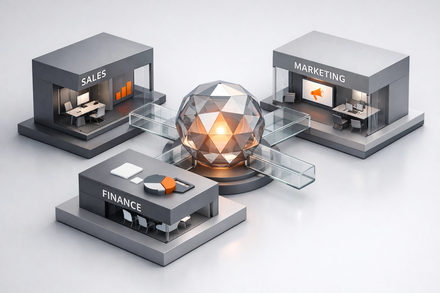 Connected business modules illustrating data-driven analysis and collaborative growth strategy