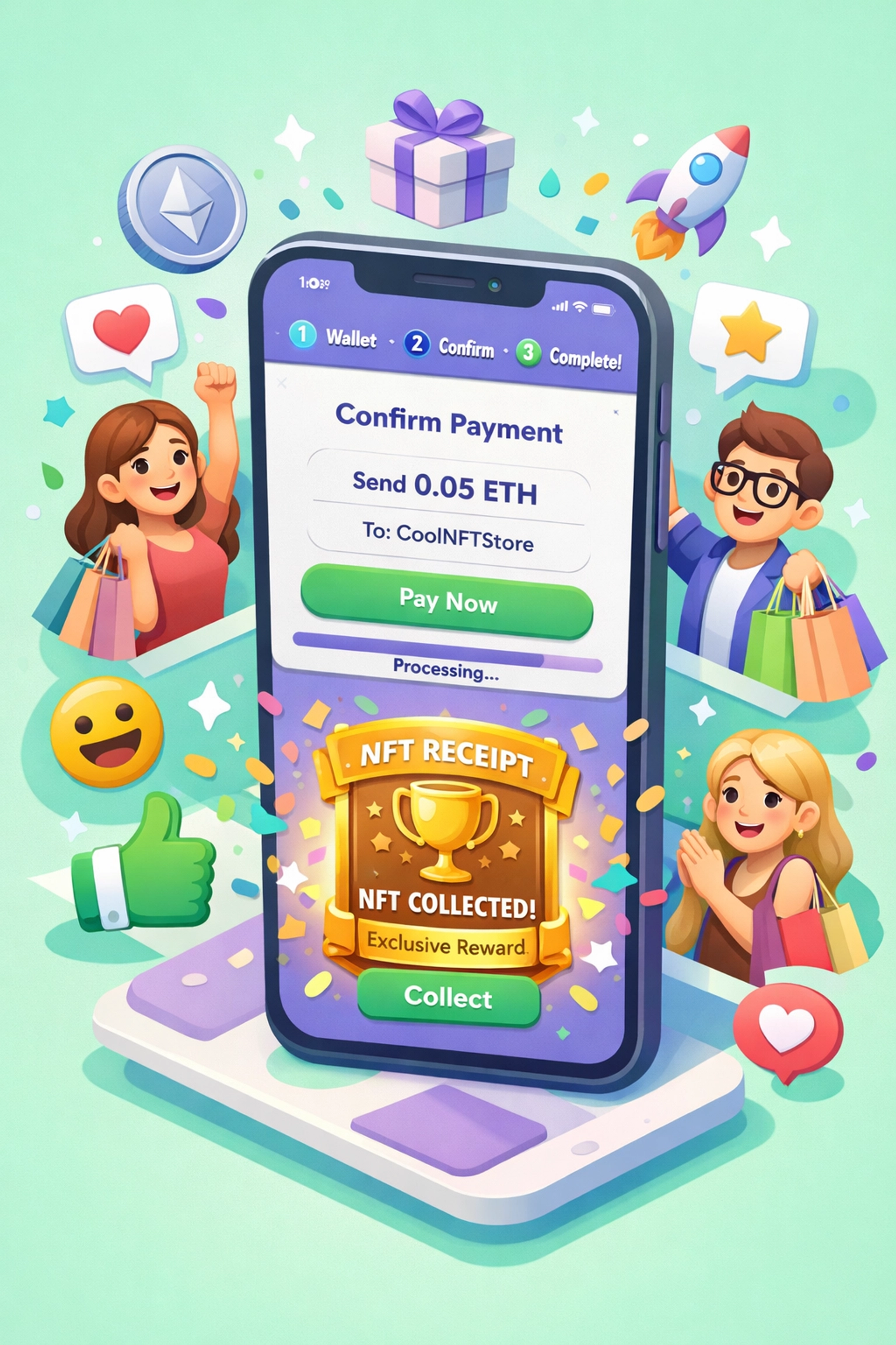 Streamlined crypto checkout flow with NFT receipt reducing customer cart abandonment