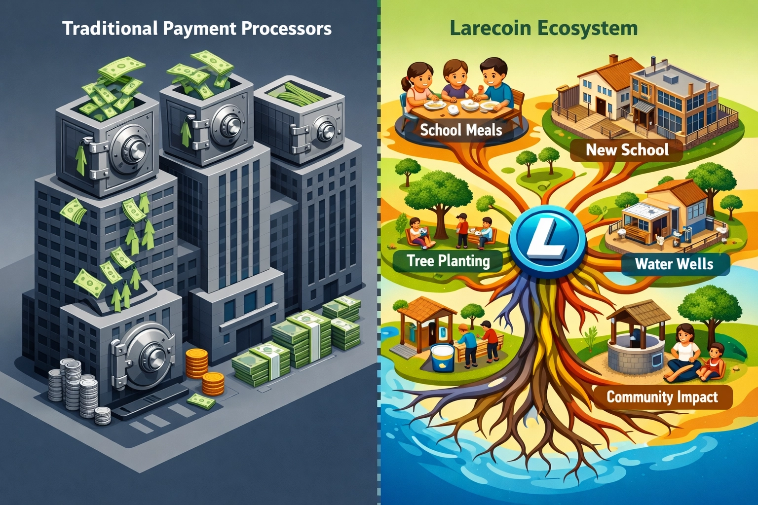 Traditional payment processors vs Larecoin social impact payment ecosystem comparison