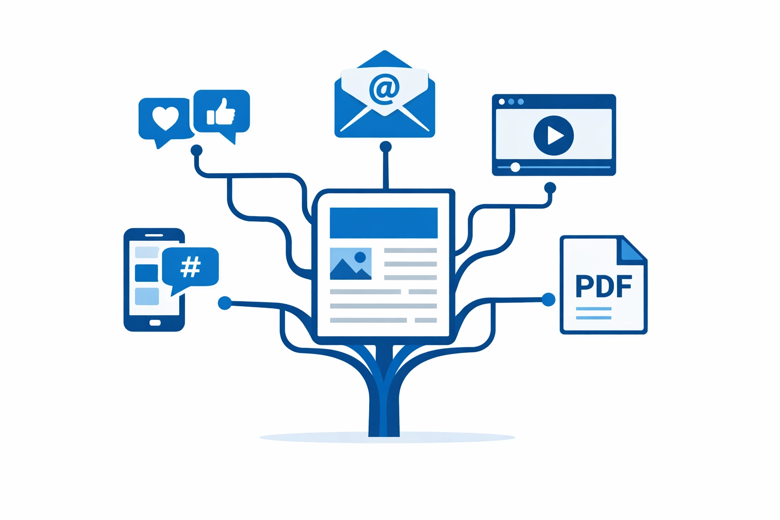 Content repurposing strategy showing one blog post transformed into multiple marketing formats