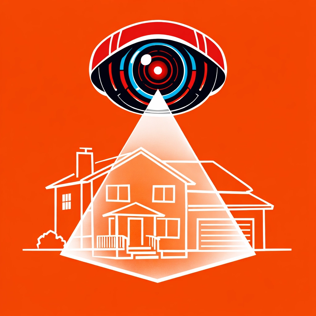 Minimalist AI eye scanning a house, showing the importance of search visibility for small businesses.