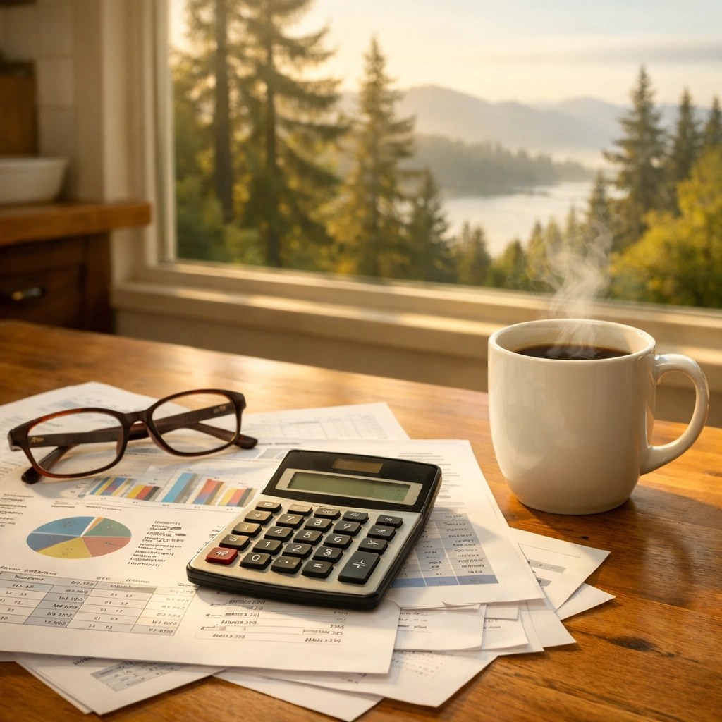 Senior homeowner planning retirement finances and home equity access with calculator