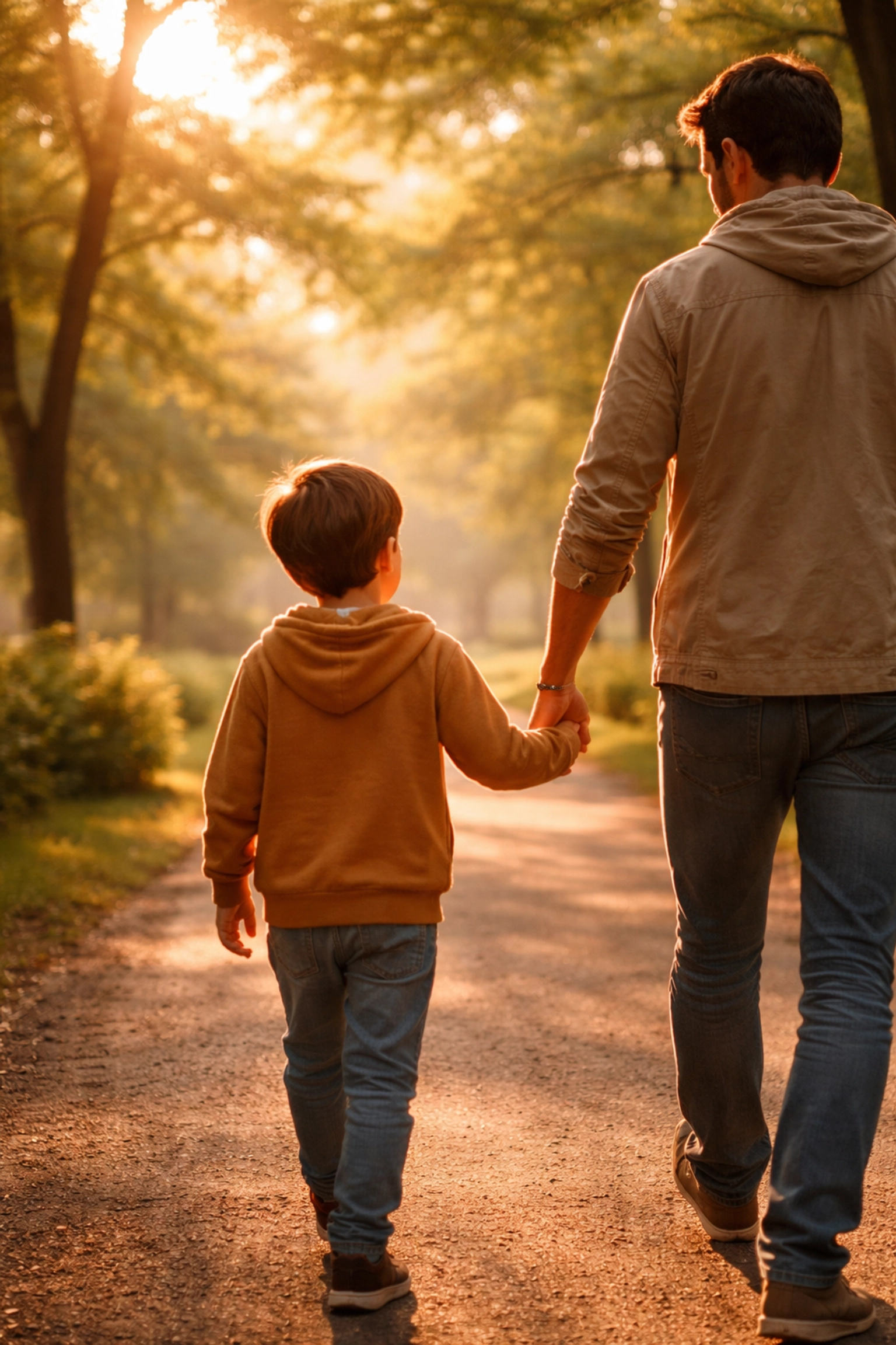Parent and child walk hand-in-hand in sunlit park, representing family progress through therapy in York and Durham region.