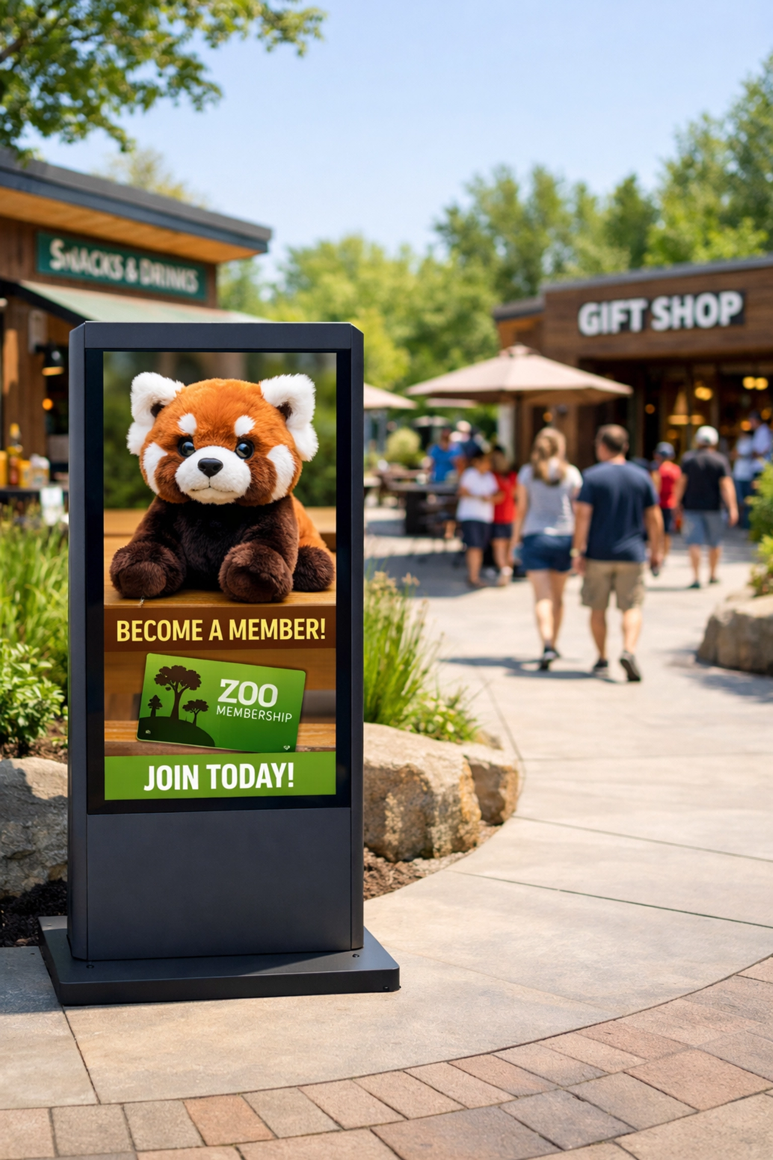 Modern zoo digital signage kiosk promoting souvenir items and annual memberships to guests in an outdoor plaza.