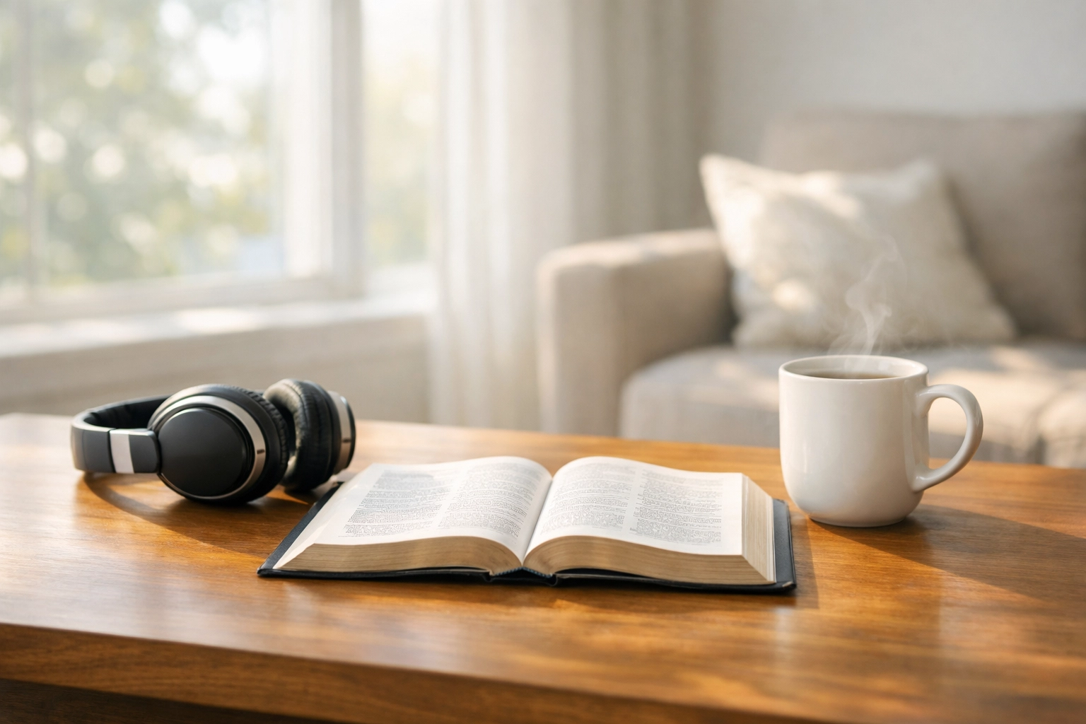 Bible and headphones for a Christian podcast; FA Memphis, First Assembly Memphis, and Boundless Online Church.