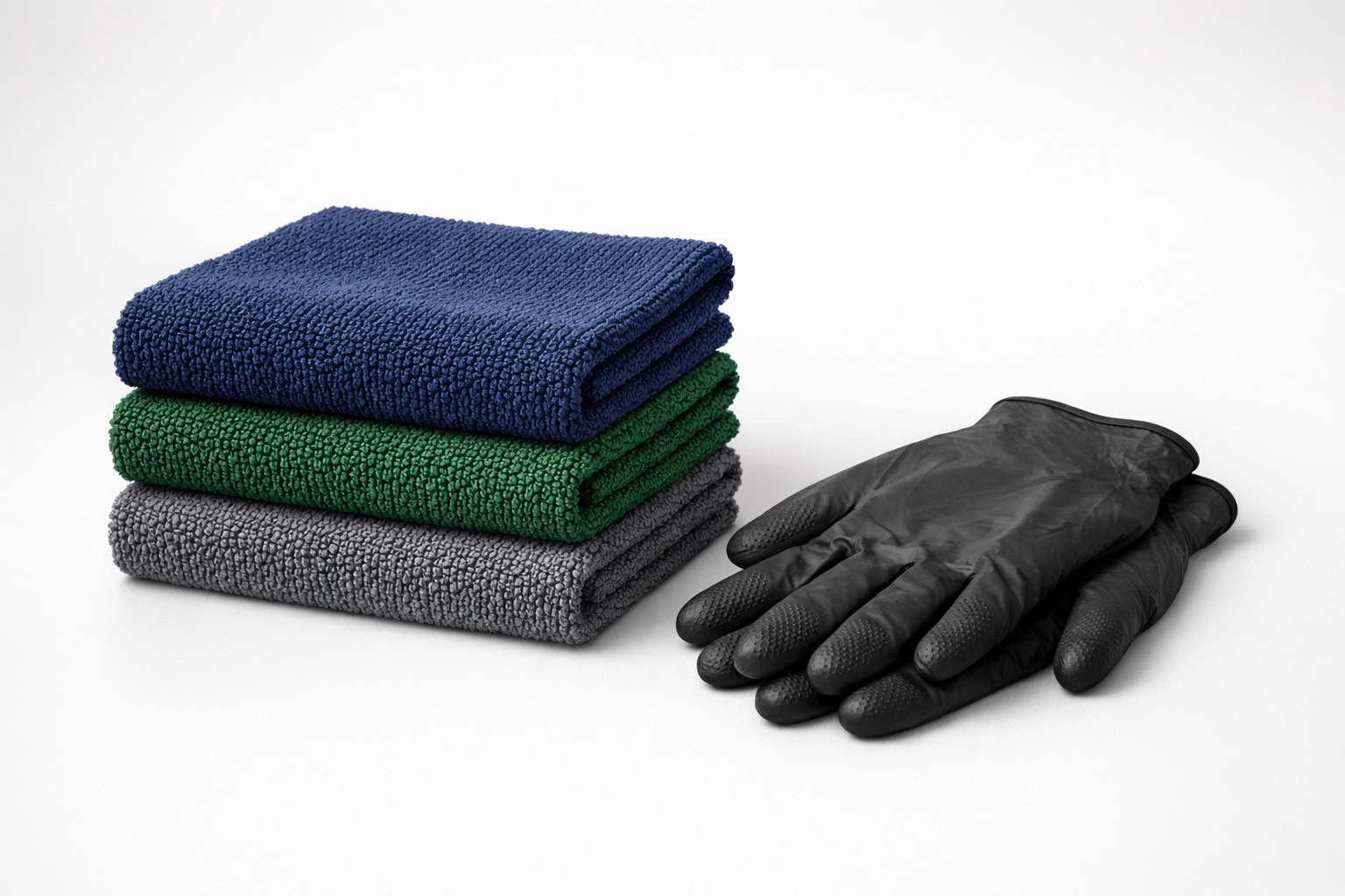 Organized color-coded microfiber cloths and gloves for a professional and hygienic cleaning routine.
