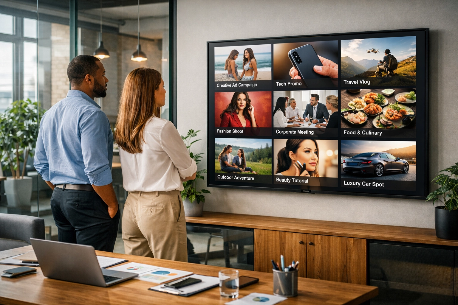 Marketing team reviews brand-approved digital assets on a centralized media management platform in a modern office.