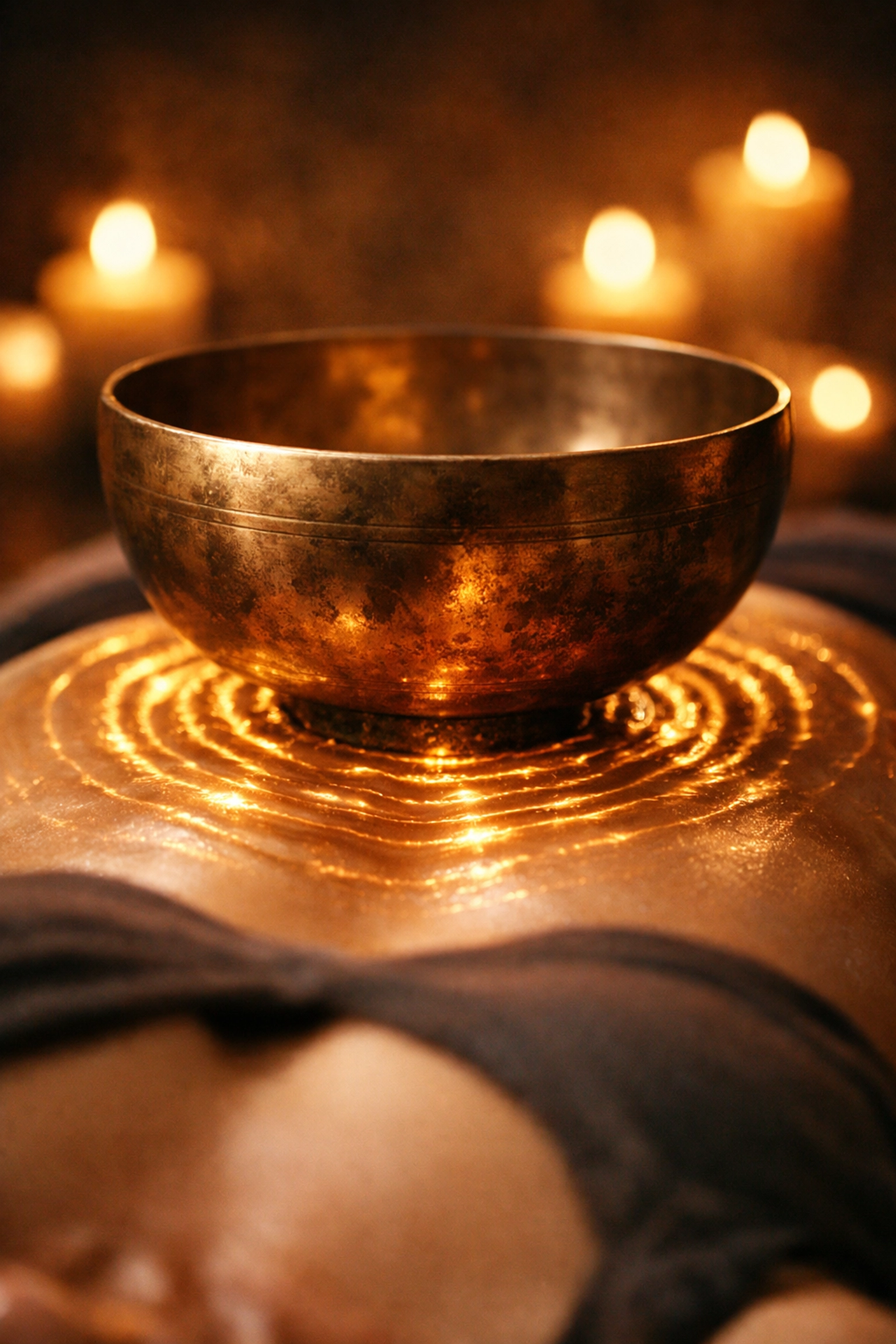 Himalayan singing bowl placed on a person's chest illustrating vibroacoustic therapy and sound healing vibrations.