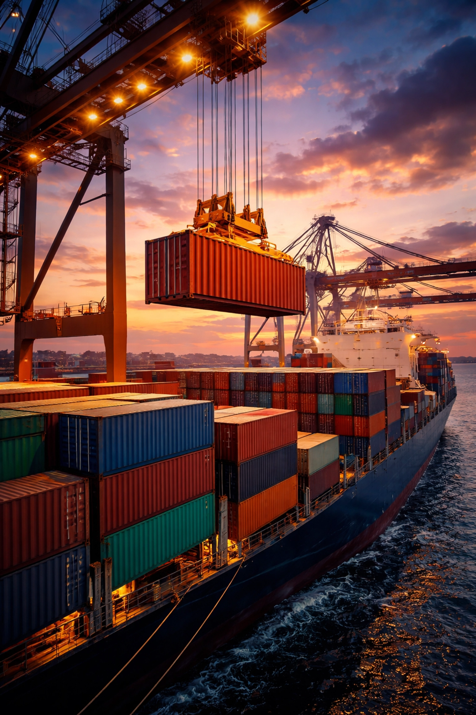 Shipping container being loaded onto a cargo ship at port, highlighting global ocean freight services and logistics
