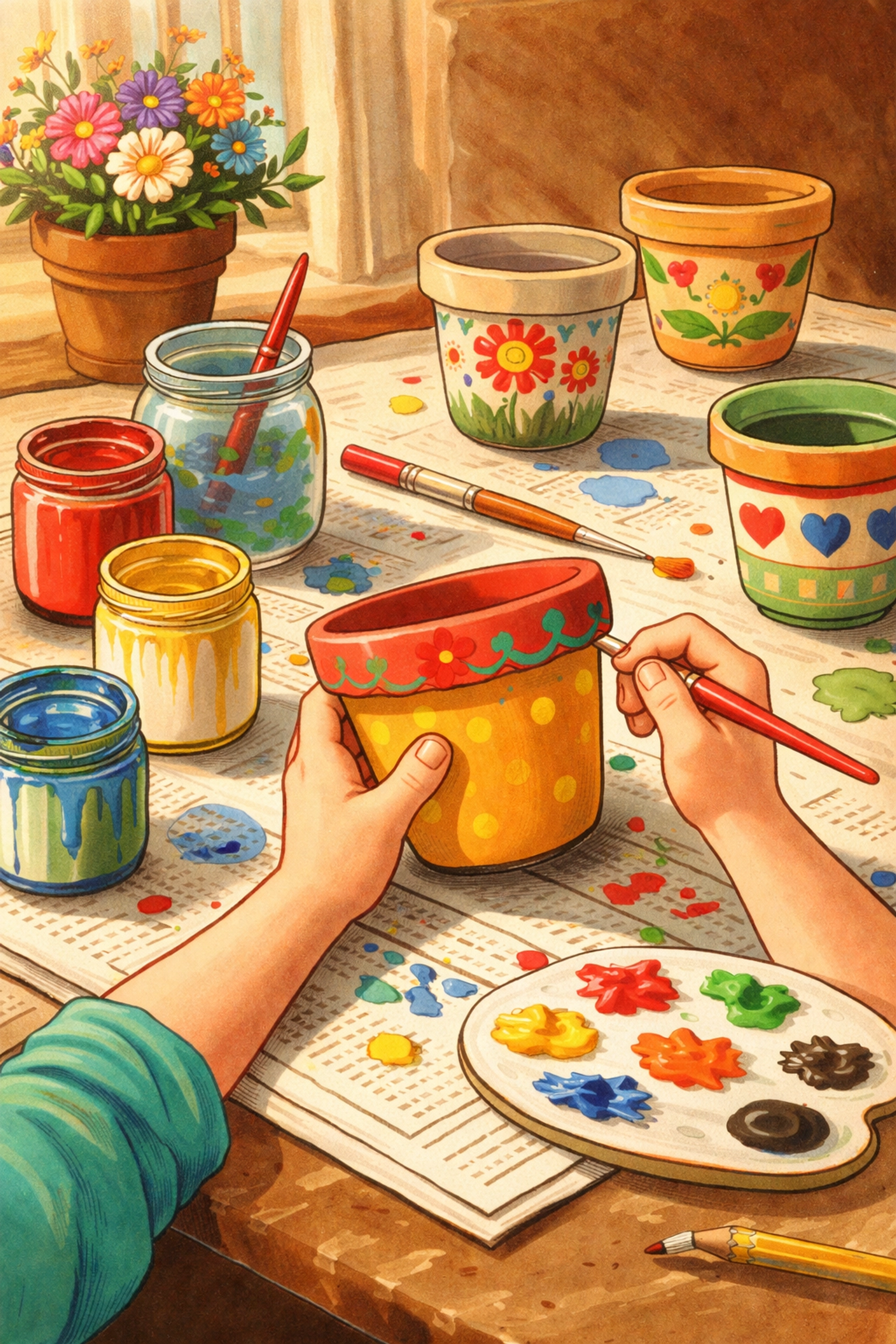 Child painting a flower pot with bright colors, representing creativity and self-expression in indoor gardening for kids