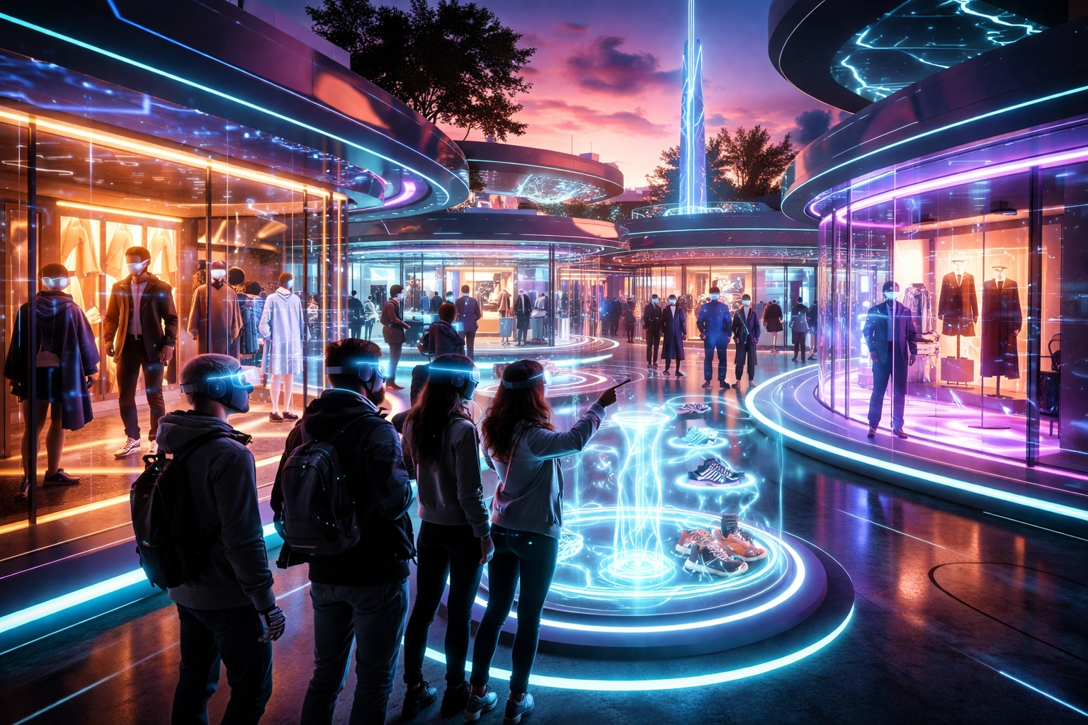 Metaverse shopping district with avatars, VR headsets, and holographic storefronts illustrating social shopping