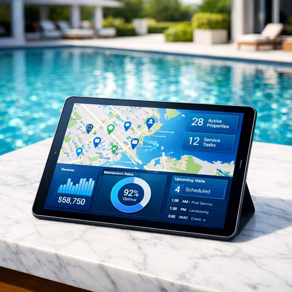 Digital pool route management software on a tablet next to a clean turquoise swimming pool.