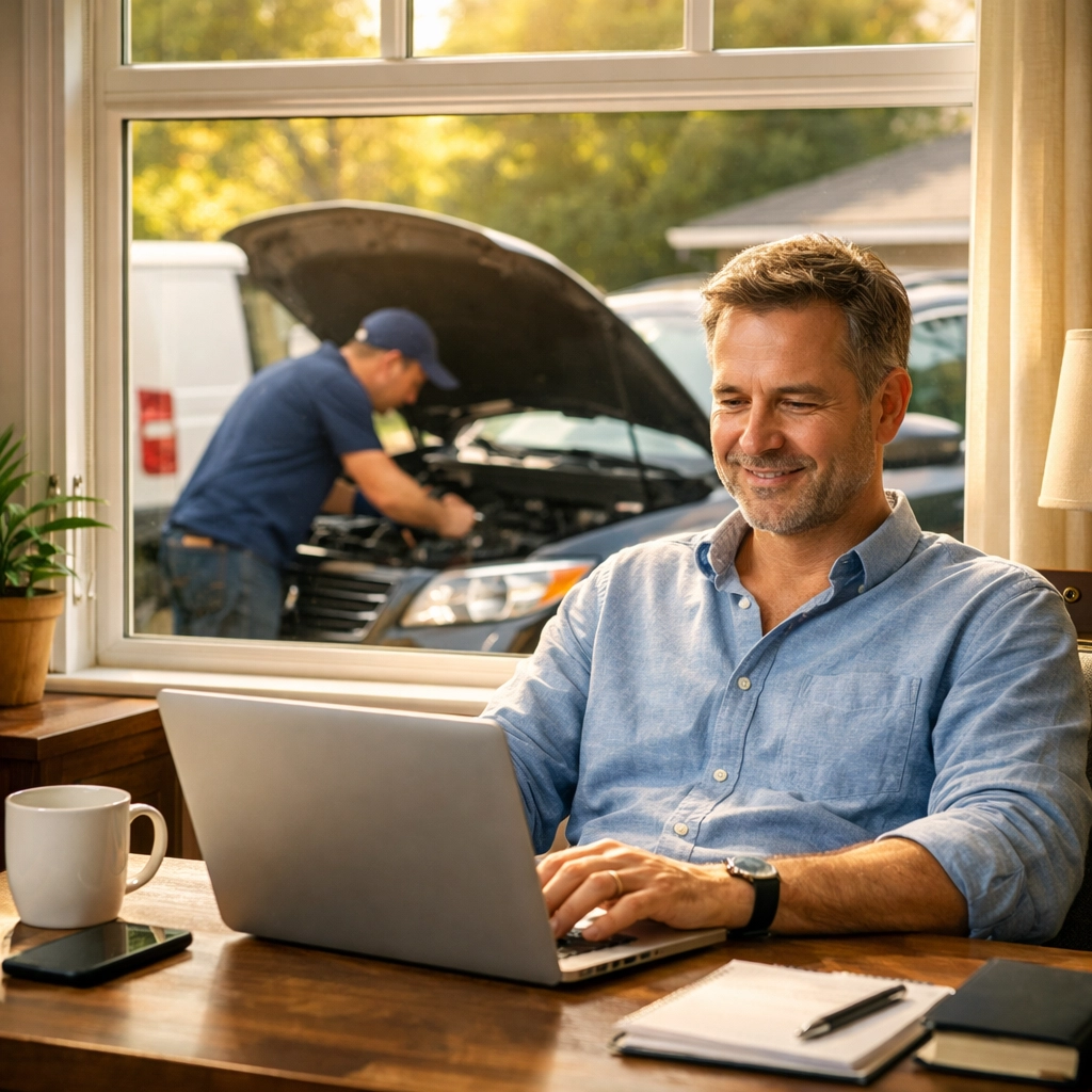 Green Bay driver working from home while mobile mechanic services vehicle in driveway