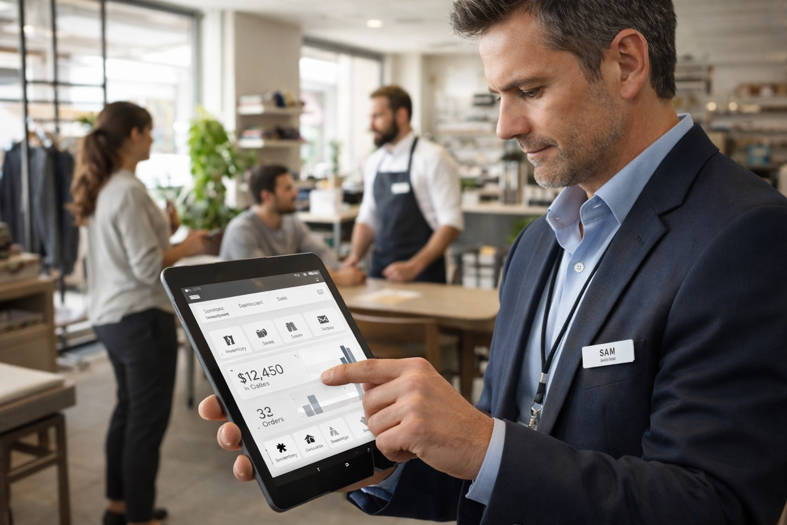 Retail manager using high-speed wireless connectivity and cloud tools for small business growth.