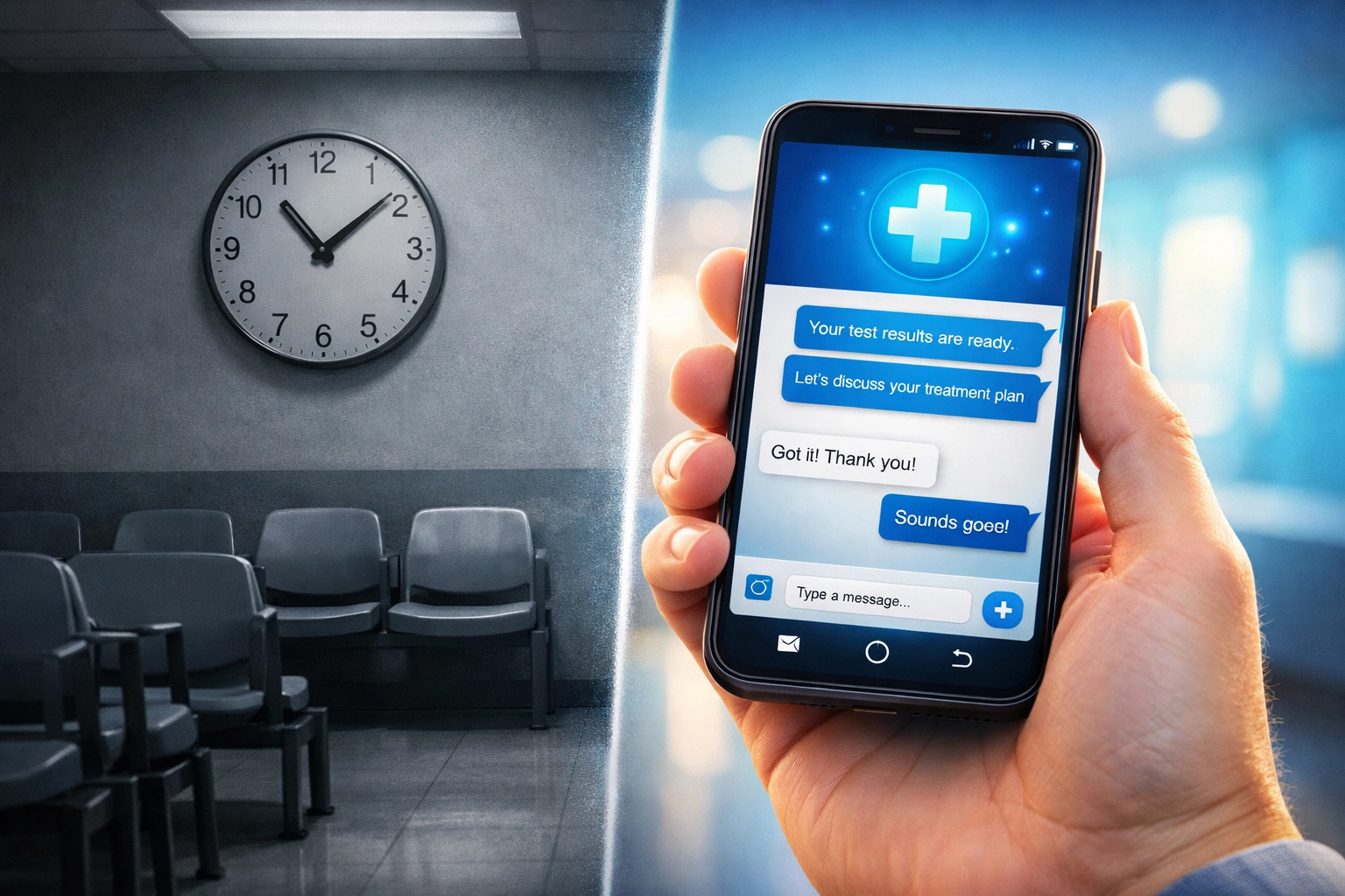 Comparison of a dreary doctor waiting room and convenient telehealth messaging for same-day prescription refills.