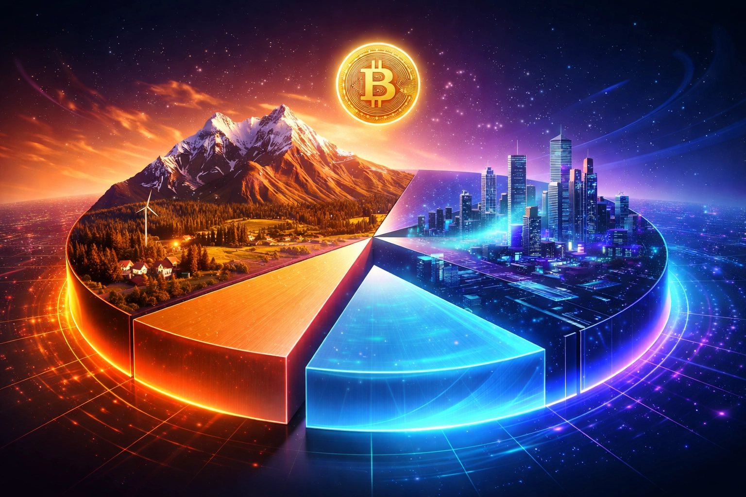 Portfolio pie chart evolving into mountains and Bitcoin, illustrating asset allocation including digital assets.