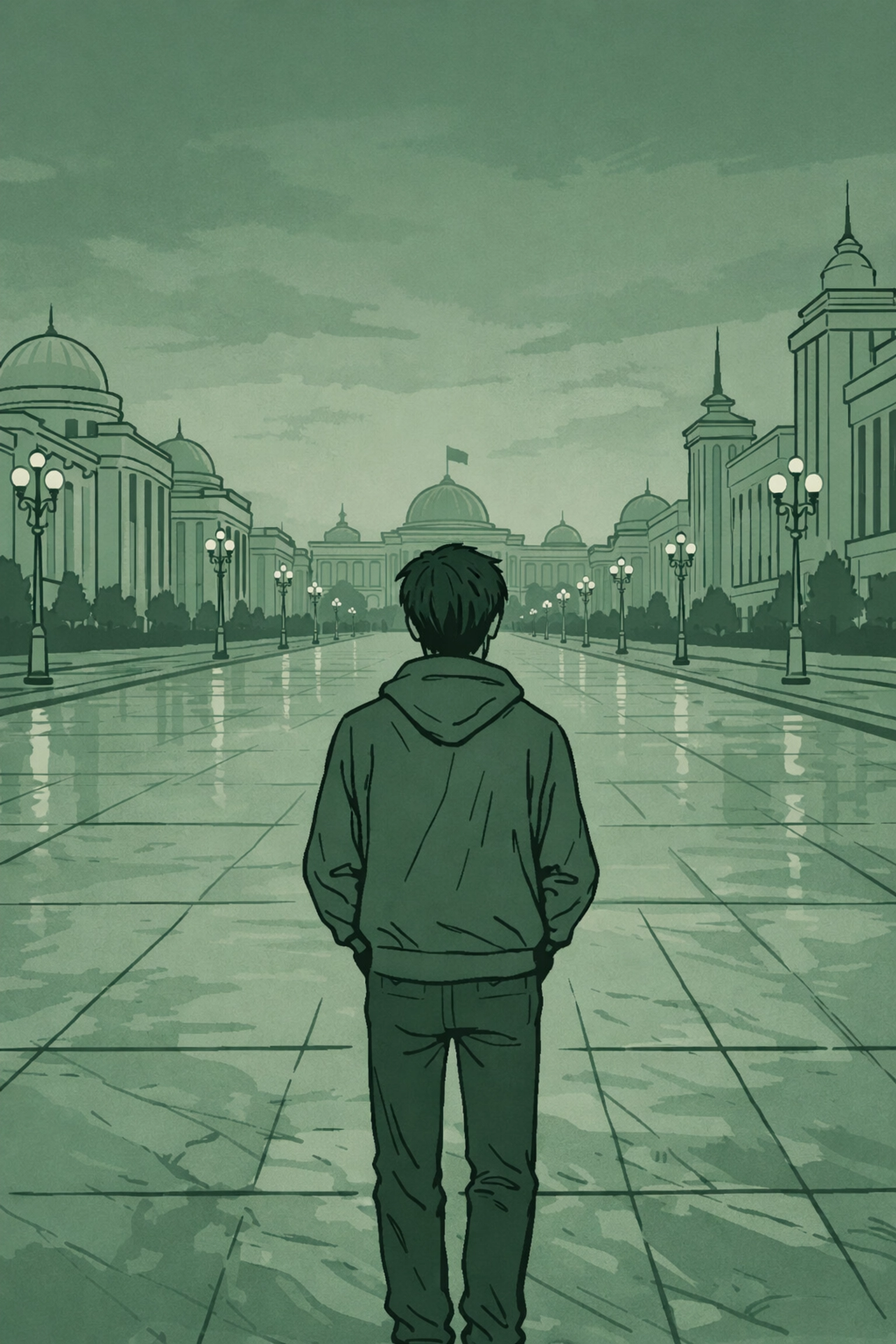 Lone gay man on empty Ashgabat boulevard symbolizing LGBTQ+ isolation in Turkmenistan