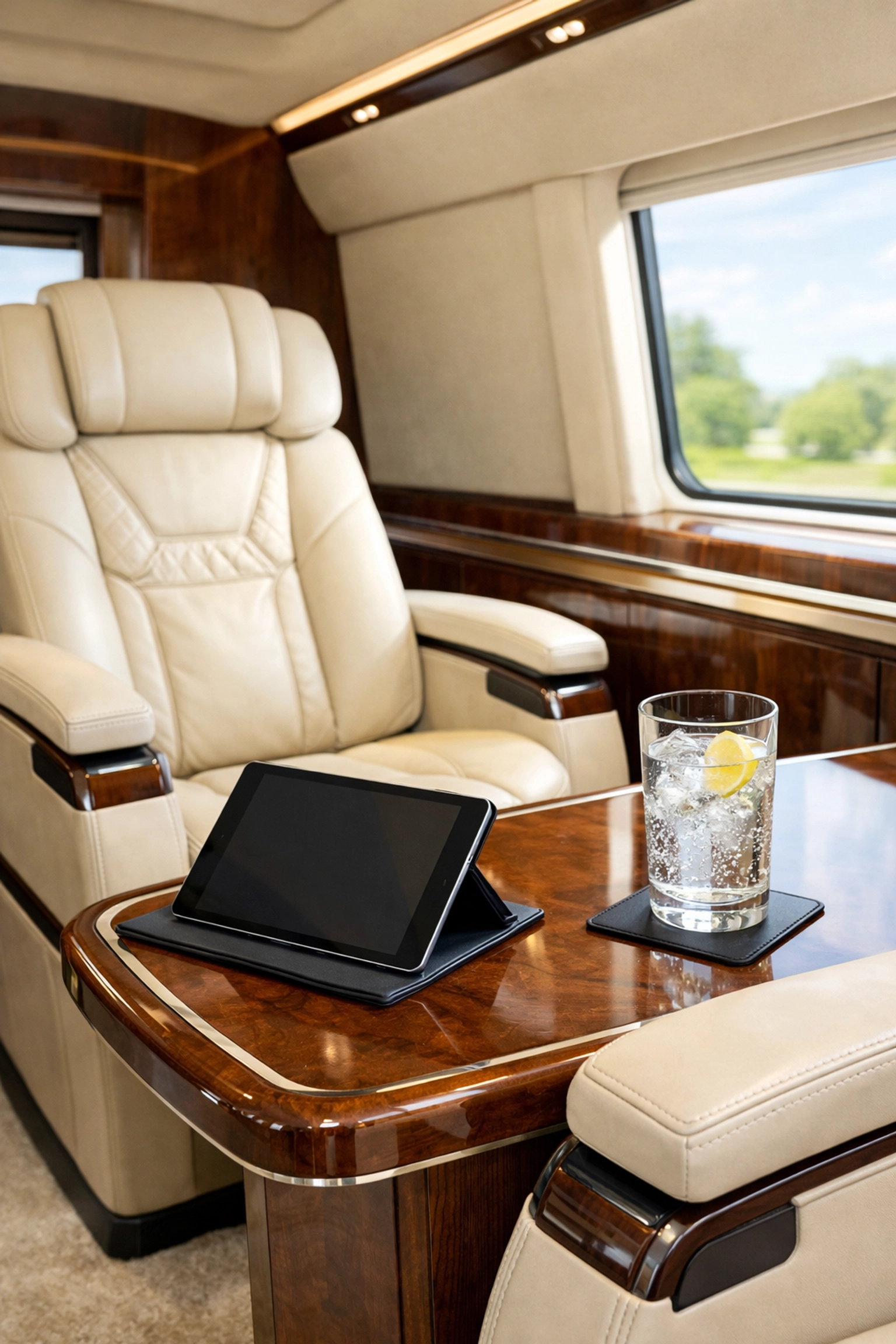 Luxury executive travel mobile office interior designed for high-stakes Super Bowl business strategy.