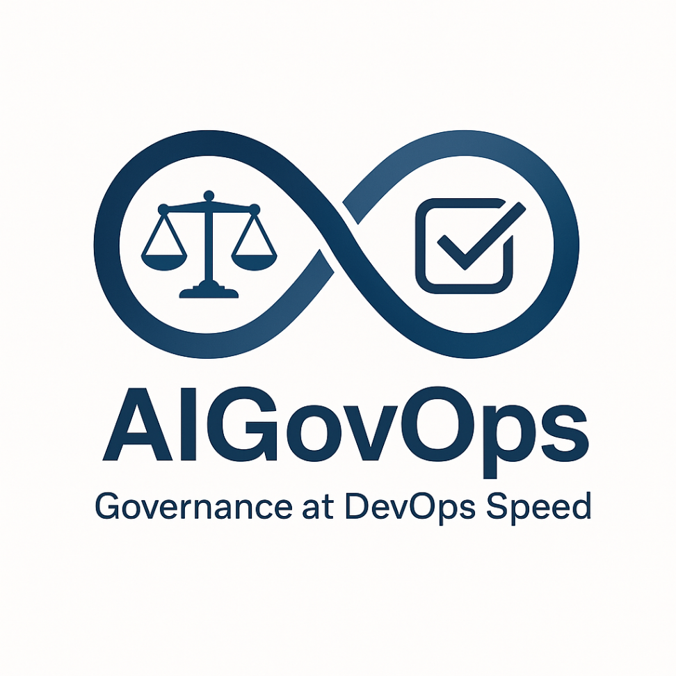 AIGovOps Logo featuring an infinity loop integrating a balanced scale and a checkmark, symbolizing the continuous integration of governance and compliance in AI operations.