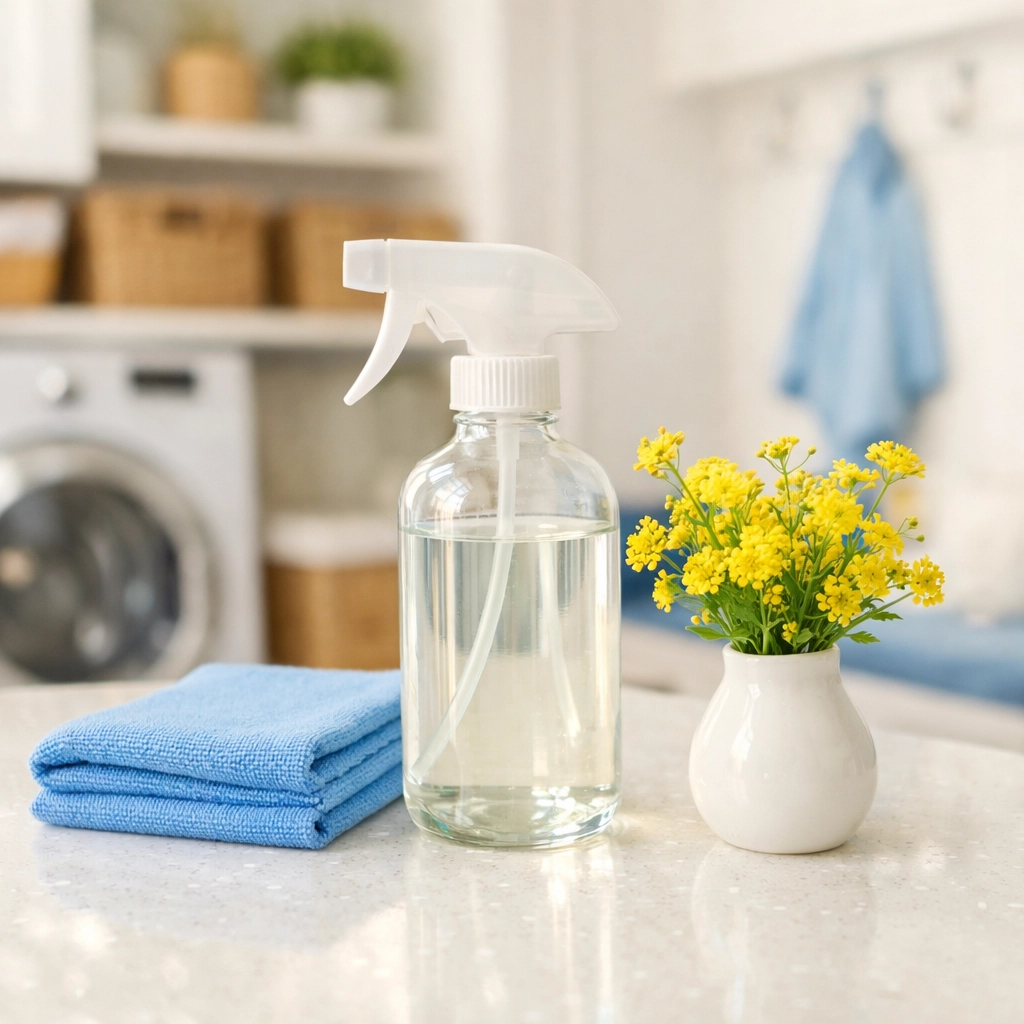 Eco-friendly cleaning supplies and a microfiber cloth ready for deep cleaning Townsend homes with natural products.